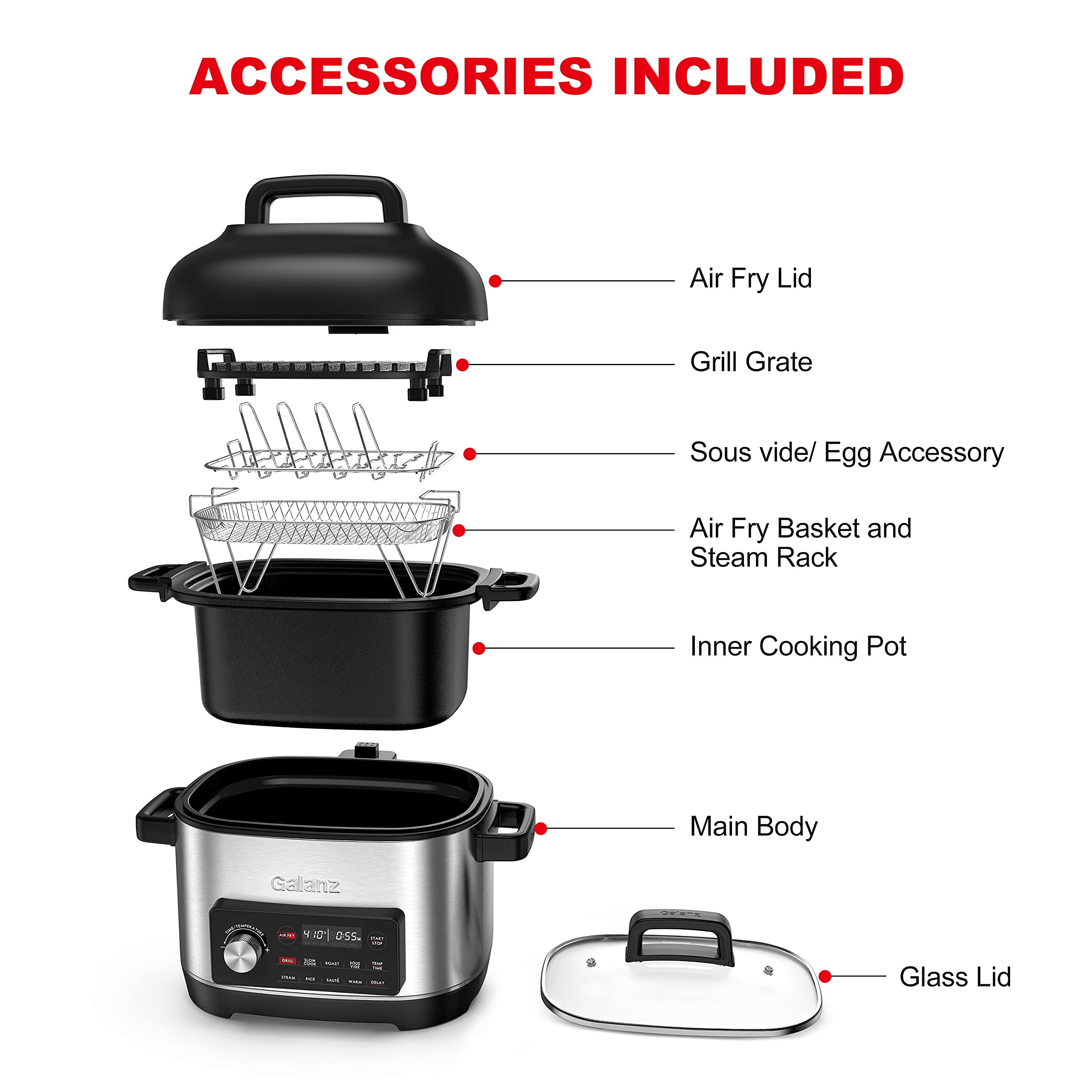 Galanz 8-in-1 Multi Cooker with Air Fry, Sous Vide, Rice Cooker, Sauté, Slow Cooker, Steamer, Roaster & Grill - 8 QT Removable Nonstick Pot, 8 Preset Programs, Stainless Steel - Perfect for Family Meals, Meal Prep & Healthy Cooking