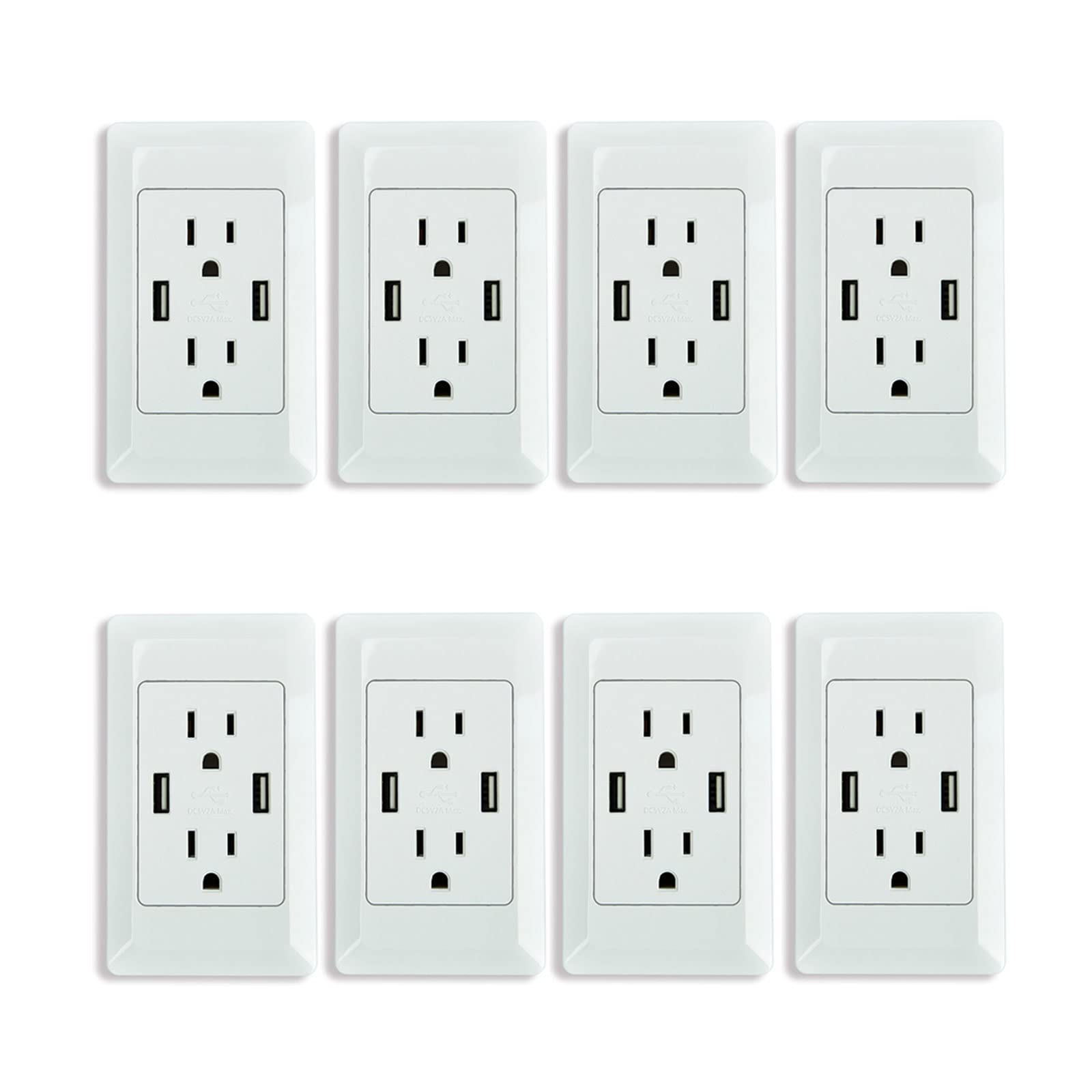 Smart USB Wall Charger Outlet with Fast Charging - Dual 2.4A USB Ports & 15A Duplex Receptacle - ETL Certified White Electrical Outlet (8 Pack) - Perfect for Home, Office, Dorm Room and Kitchen Charging Stations