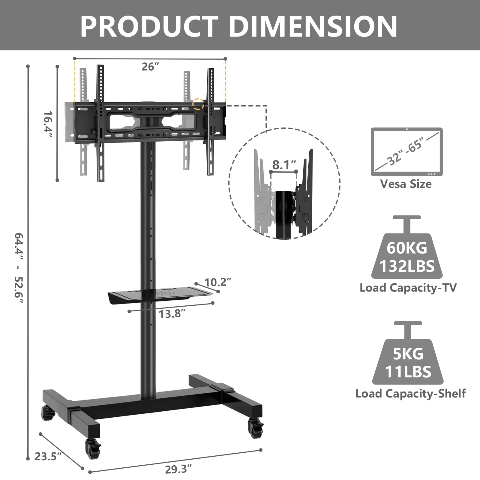 TVON Mobile Dual TV Stand for 32-65 Inch Plasma LCD LED Smart Flat Panel Curved TVs - Heavy Duty Rolling TV Cart with Wheels & Tilt Mount Floor Stand (Holds up to 132 lbs) - Perfect for Living Room, Bedroom, or Office Entertainment Setup