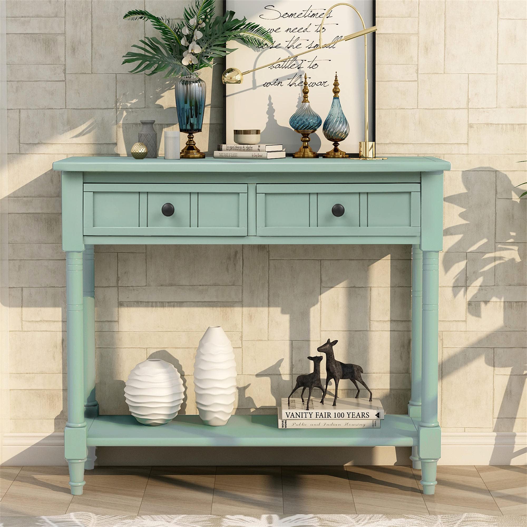 Vintage Daisy Wooden Console Table - Acacia Mangium Sideboard with 2 Drawers & Bottom Shelf, Traditional Retro Blue Entryway Furniture for Living Room, Kitchen, Hallway | Perfect for Home Decor, Storage & Display