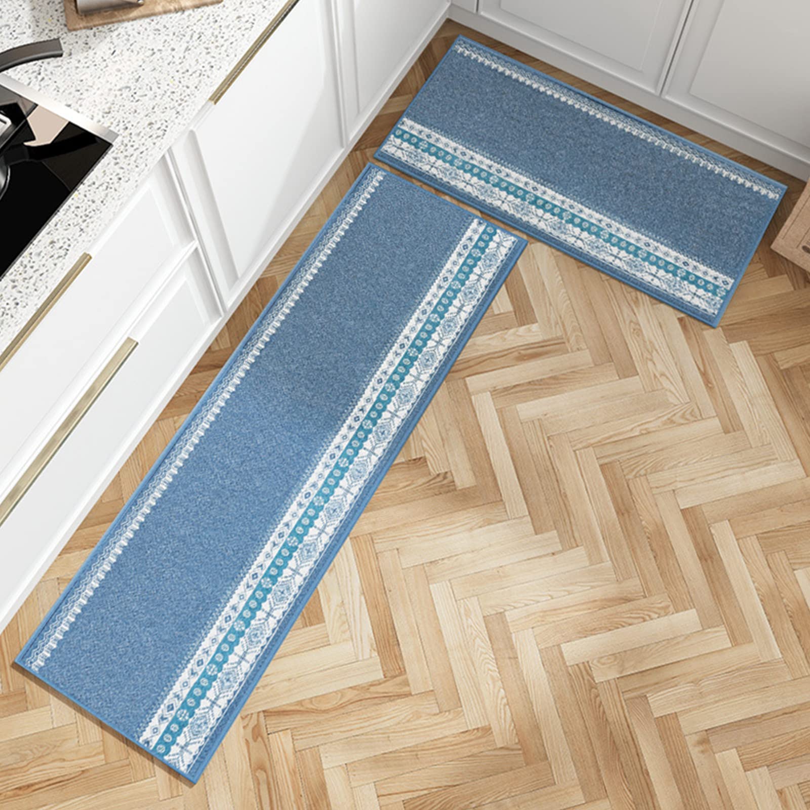Non-Slip Washable Kitchen Rugs - Anti-Fatigue Polyester Floor Mat for Kitchen, Bedroom, Bathroom - Blue Rubber Backing (50x150cm) - Perfect for Cooking, Standing Comfort & Home Decor