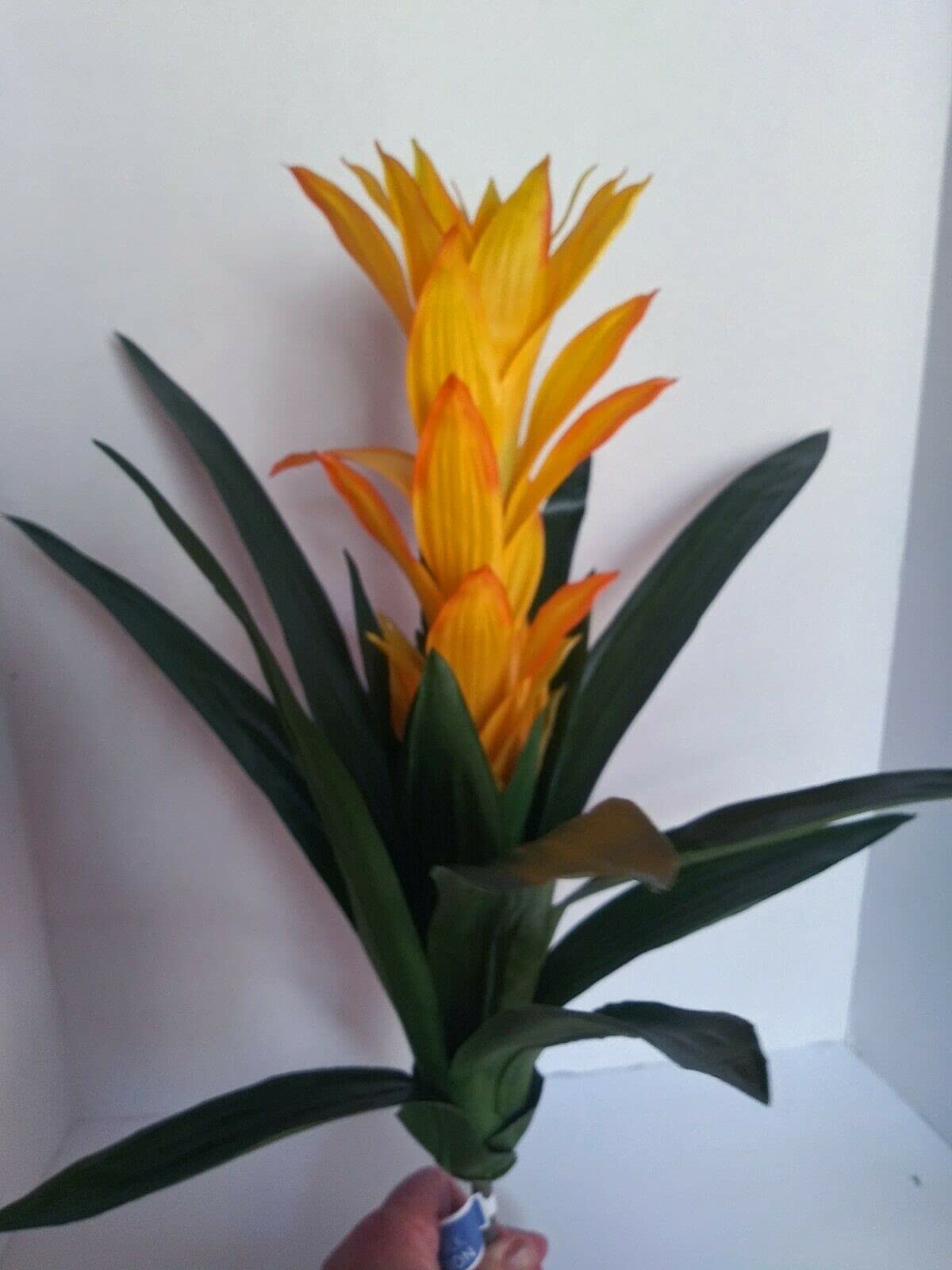 TricaStore 16 Inch Fake Bromeliad Plant Without Pot - Realistic Yellow & Orange Artificial Tropical Flower for Home Decor, Office, Wedding Centerpiece, and Indoor Greenery