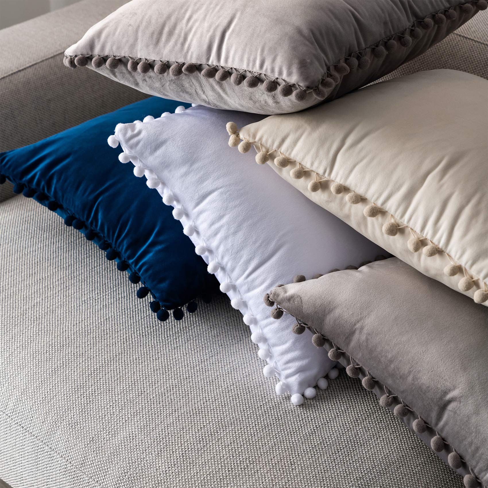Luxury Grey Velvet Throw Pillow Covers 16x16 Inches with Decorative Pom-Poms - Soft Solid Cushion Covers for Sofa, Couch, Bedroom & Car Decor (Set of 2) - Perfect for Home Styling, Cozy Living Room & Comfortable Travel Accessories