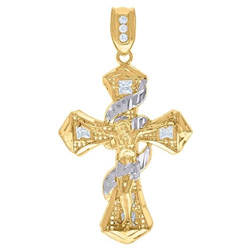 10K Two-Tone Gold Men's Princess Cut CZ Cubic Zirconia Simulated Diamond Religious Cross Crucifix Pendant Necklace - Elegant Jewelry Gift for Him - Perfect for Church, Weddings & Special Occasions