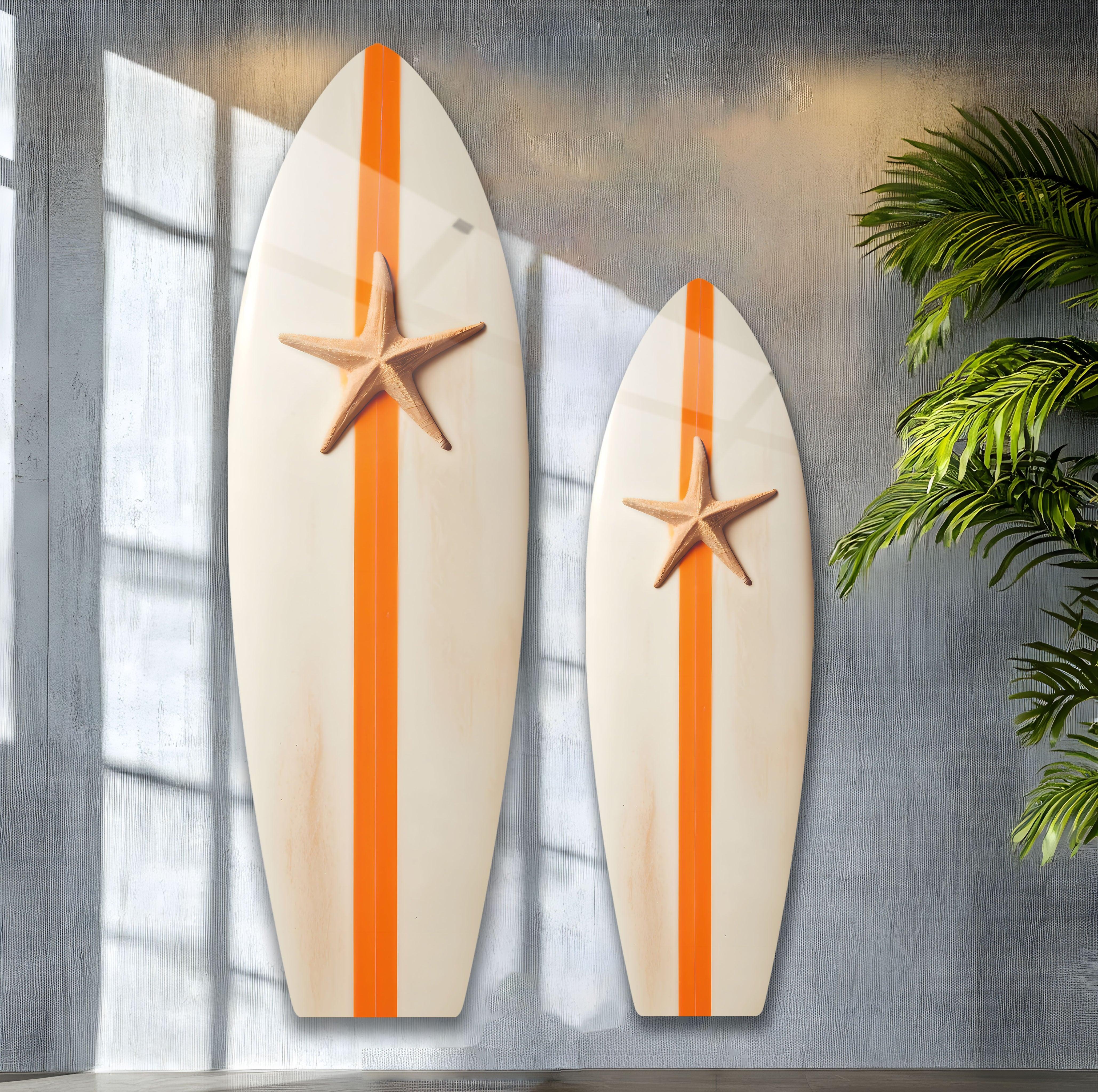 Beach Sea Star Surfboard Wall Art - Coastal Decor for Living Room, Bedroom & Office - Nautical Themed Handmade Wooden Surfboard Decor