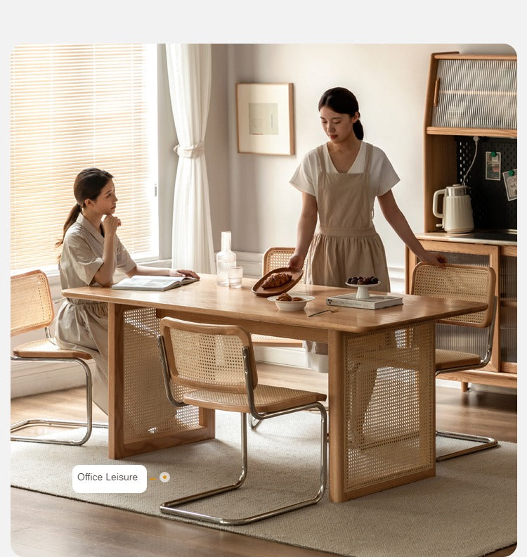Solid Oak Wood Rattan Dining Table - Rustic Farmhouse Style for Indoor and Outdoor Use