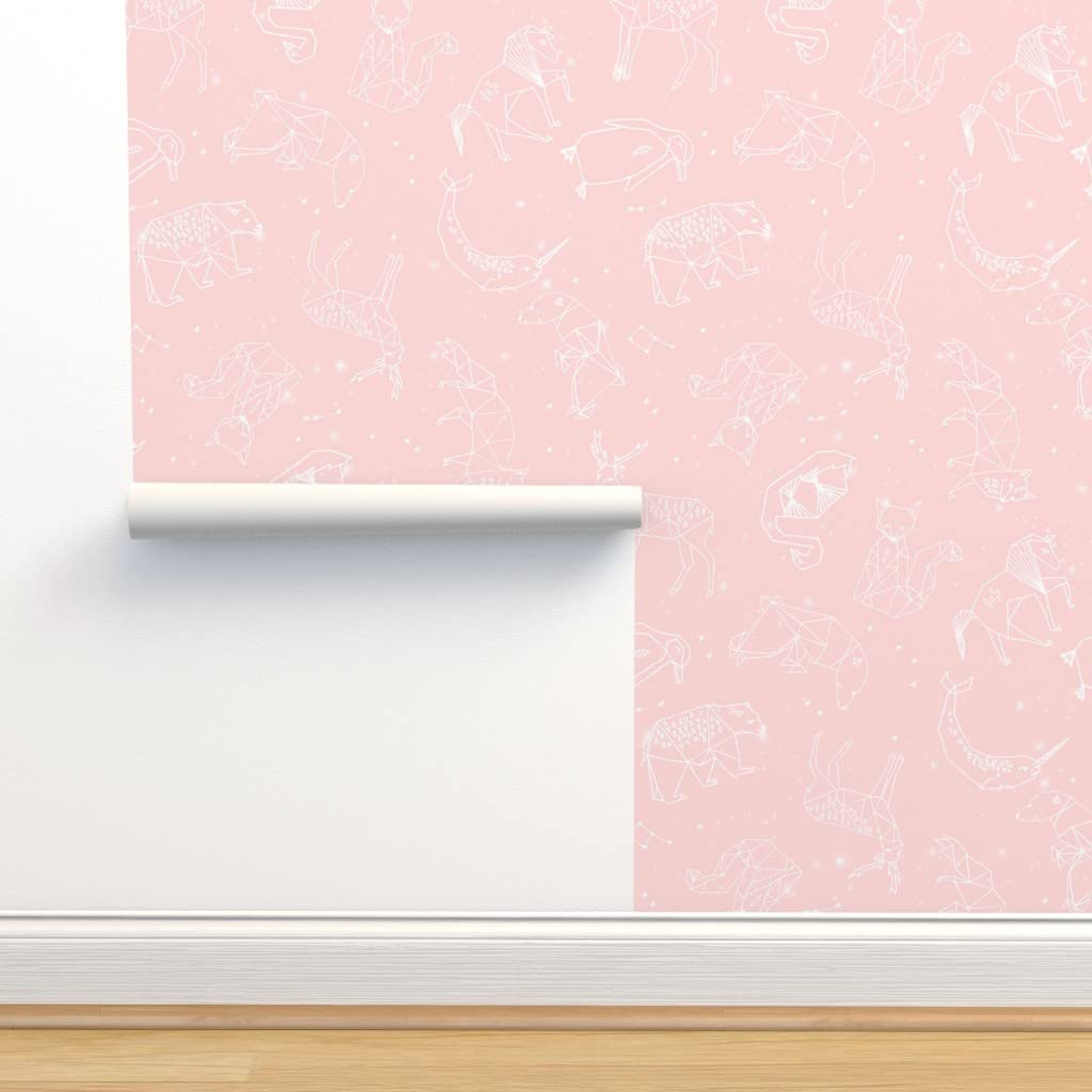 Peel & Stick Removable Wallpaper 9ft x 2ft - Pink Constellation Geometric Animal Nursery Decor for Girls Room, Custom Wall Decal by Spoonflower | Perfect for Kids Bedroom, Playroom & Nursery Wall Design