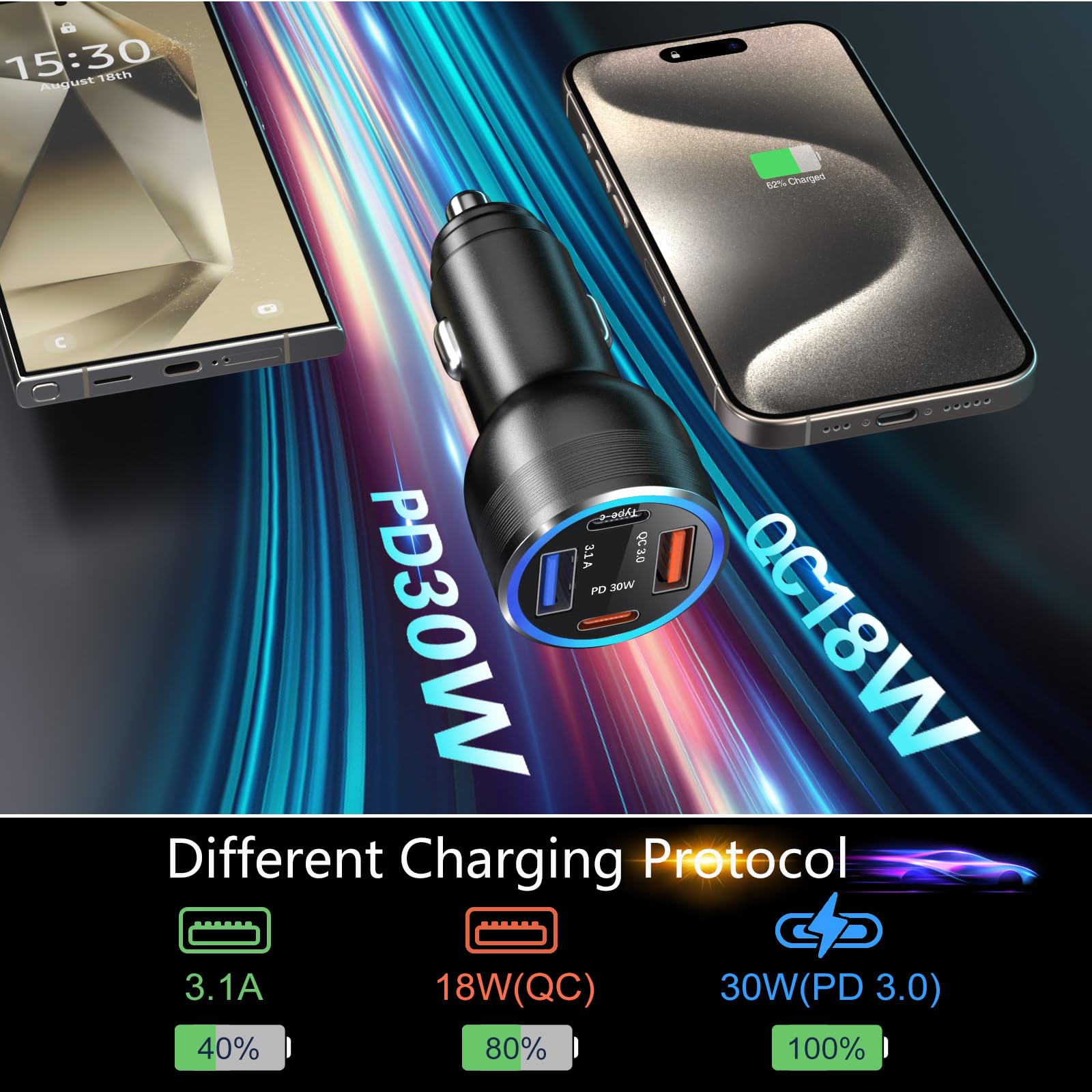 65W USB C Car Charger with QC/PD Fast Charging - 4 Port Cigarette Lighter Adapter for iPhone 16/15/14/13/12, iPad Pro & Samsung S24 - Dual 12V USB Car Phone Charger (Black) | Perfect for Road Trips & Multi-Device Charging On-The-Go
