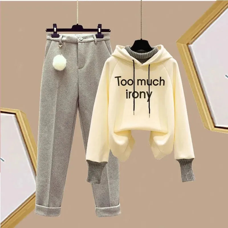 Stylish Women's 3-Piece Winter Outfit - Korean Thickened Hoodie, Casual Cotton Tank Top & Flocked Pants Set | Perfect for Sports, Travel & Daily Wear