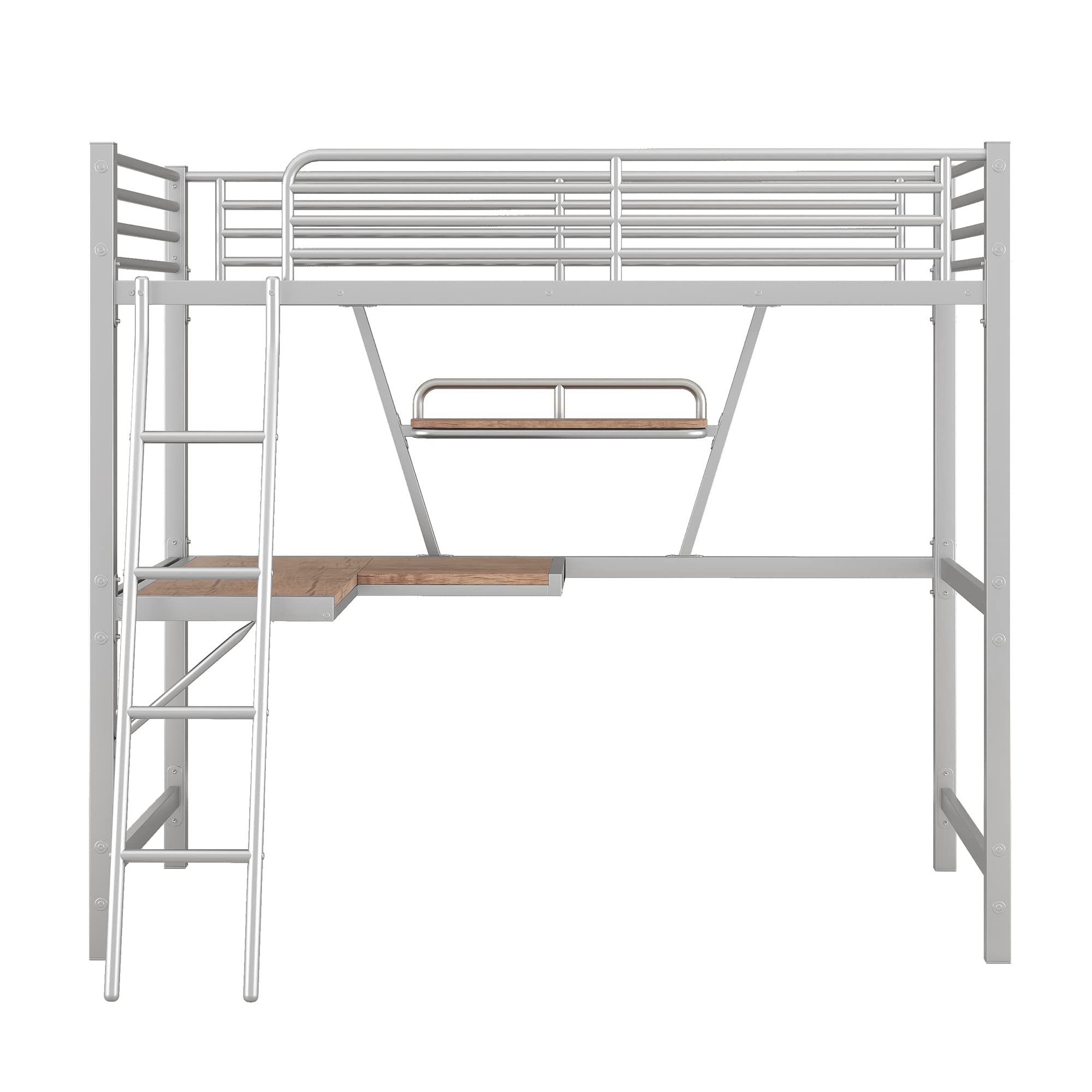 **Heavy Duty Twin Metal Loft Bed with Desk, Shelves & 2 Ladders – High Safety Guard Rails for Kids, Teens & Adults – Modern Silver Loft Bed for Small Spaces, Dorm Rooms & Apartments**