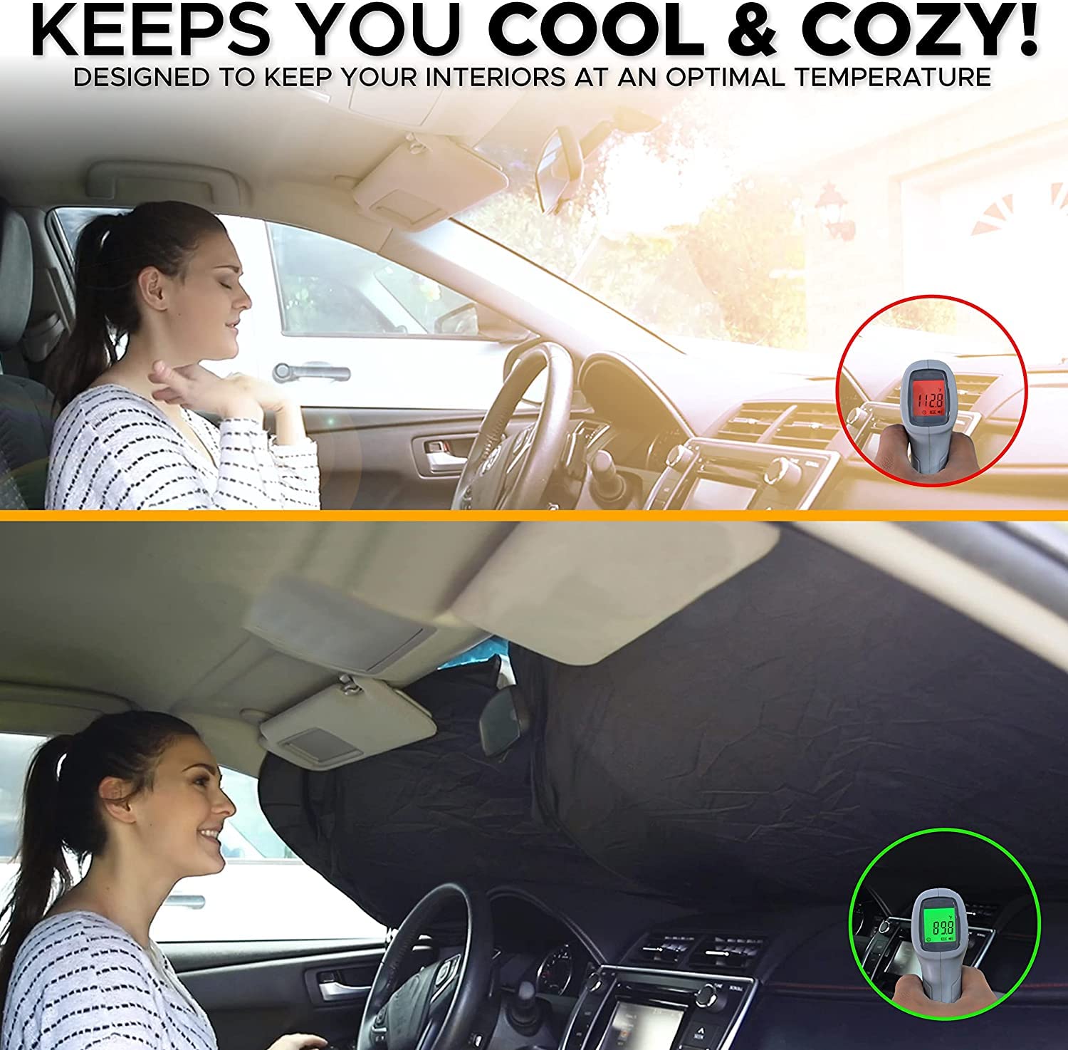 EcoNour 2-Pack Car Windshield Sun Shade with Bonus Headrest Hooks | 240T Premium Material Sun Visor for UV & Heat Protection | Universal Fit (64