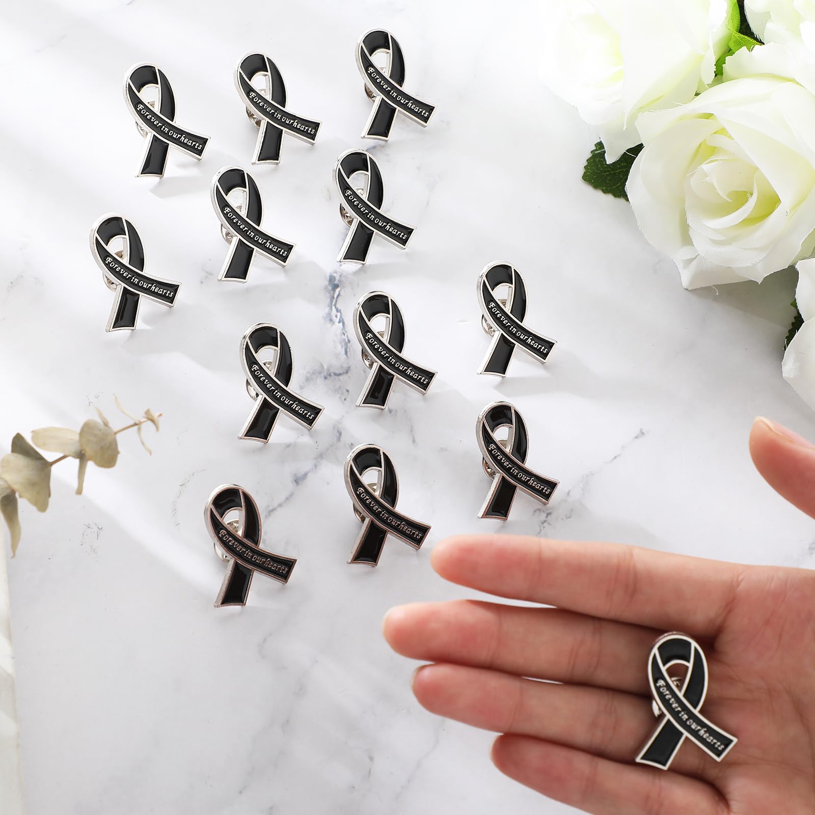 Tigeen 50 Pack Black Metal Funeral Ribbon Pins - Memorial Lapel Pins for Funeral Service, Memorial Day & Remembrance Events - Forever in Our Hearts Keepsake - Perfect for Graveside Ceremonies, Wake Services & Sympathy Gifts