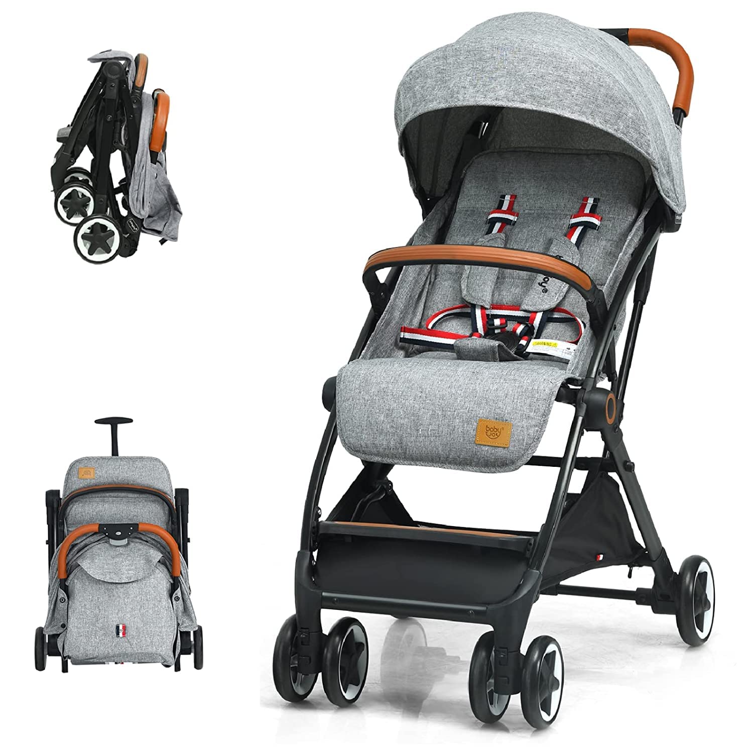 HONEY JOY Lightweight Baby Stroller - Compact One-Hand Foldable Travel Stroller for Airplane, Fits in Cabin & Overhead Bin, Self-Standing Toddler Stroller with Adjustable Backrest & Canopy (Gray) - Perfect for Air Travel, Shopping, and Everyday Use with Your Baby