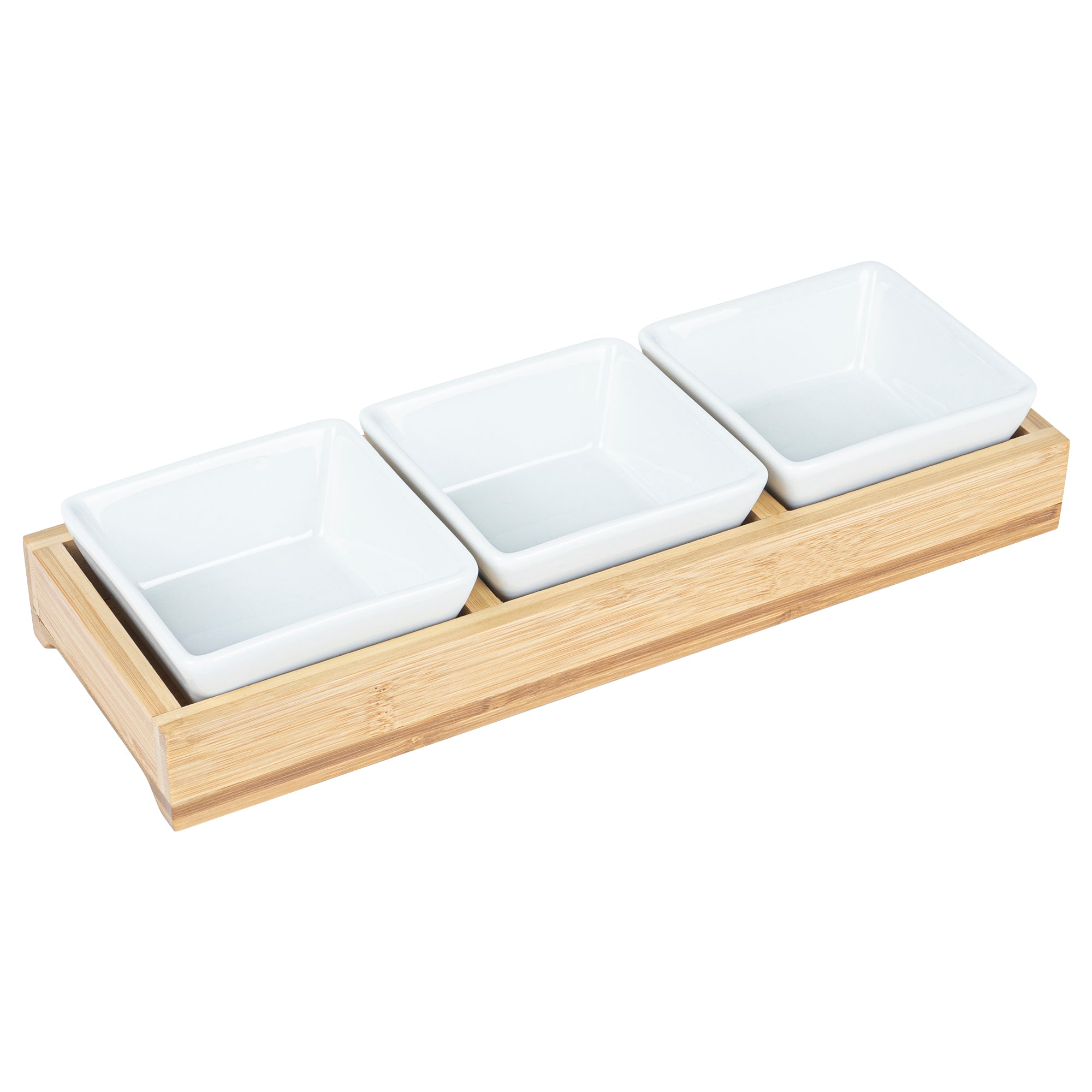 Premium 6 oz White Porcelain Modern Bowl Set with Bamboo Tray - 3 Rectangle Bowls (11.75