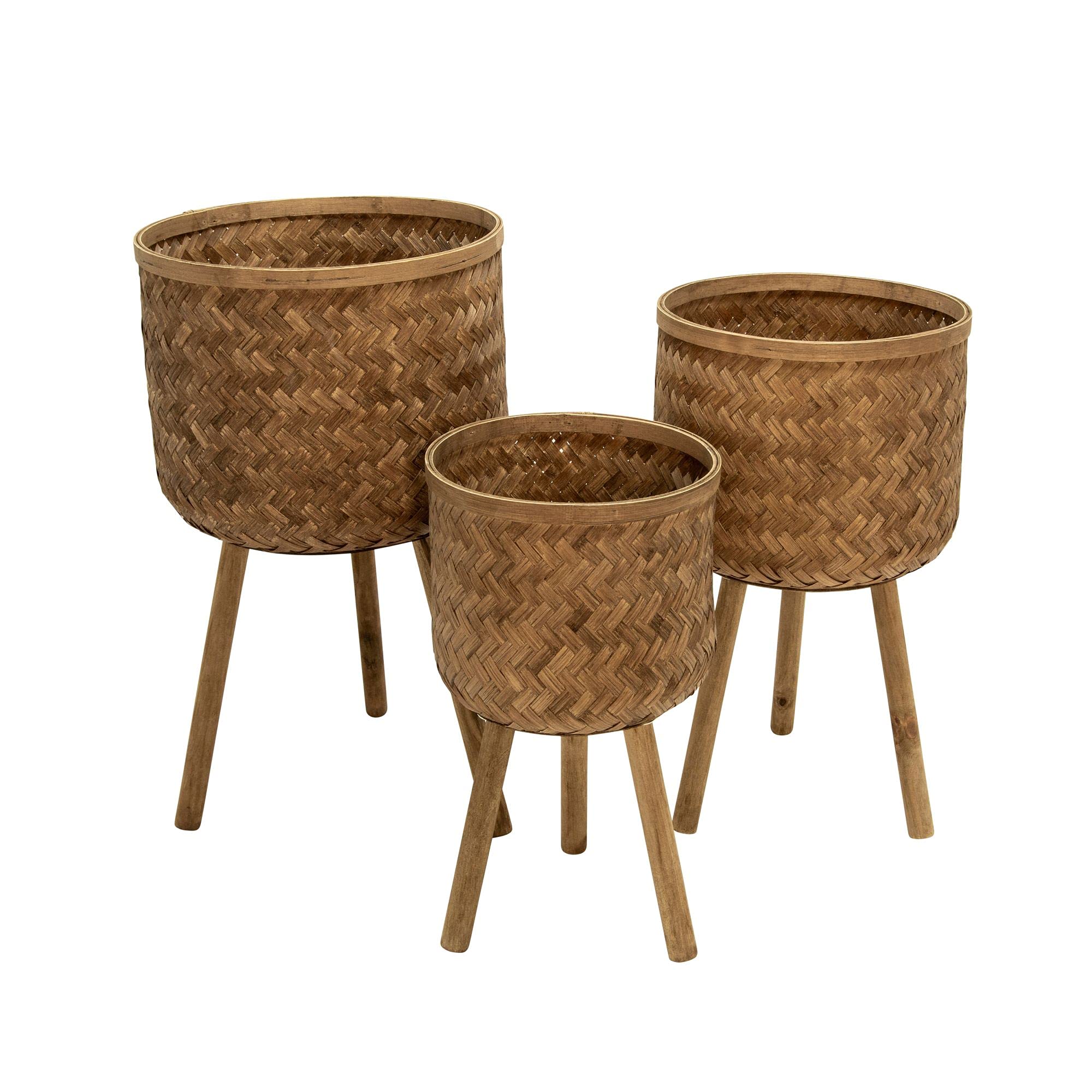 Kingston Living Set of 3 Brown Bamboo Weave Outdoor Planters with Stand - 29.5 Inch Tall Modern Garden Decor for Patio, Balcony & Backyard Landscaping