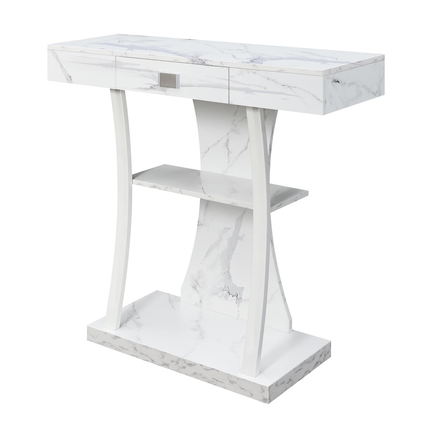 Convenience Concepts Newport Console Table with Shelves - White Faux Marble & White Finish | Entryway, Living Room, Hallway Furniture for Home Decor