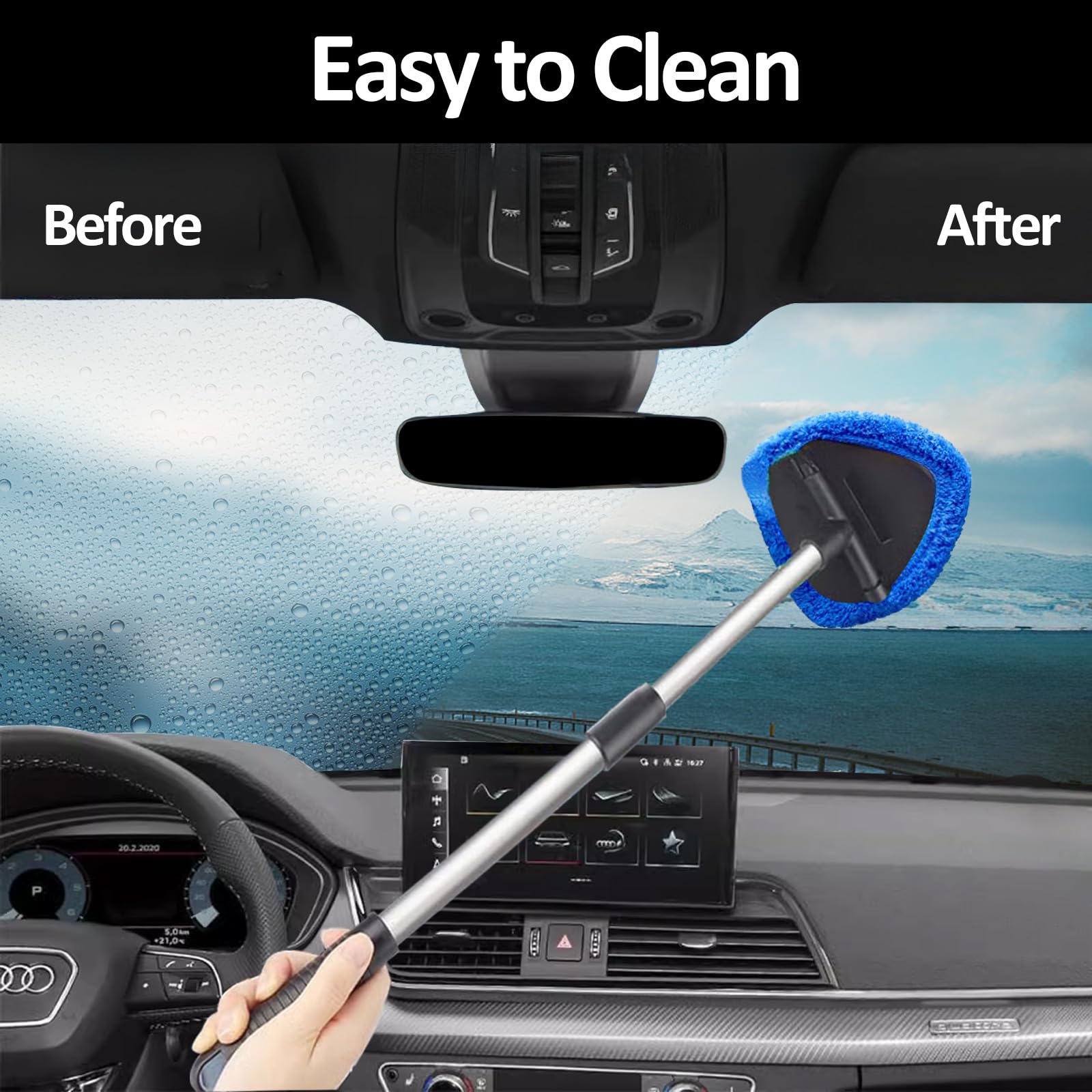 Premium Car Windshield Cleaning Kit - Expandable Window Cleaner with 4 Reusable Microfiber Pads, 2 Spray Bottles, Dust Brush & Wand Tool for Trucks, SUVs, RVs - Perfect for Auto Detailing & Interior Cleaning