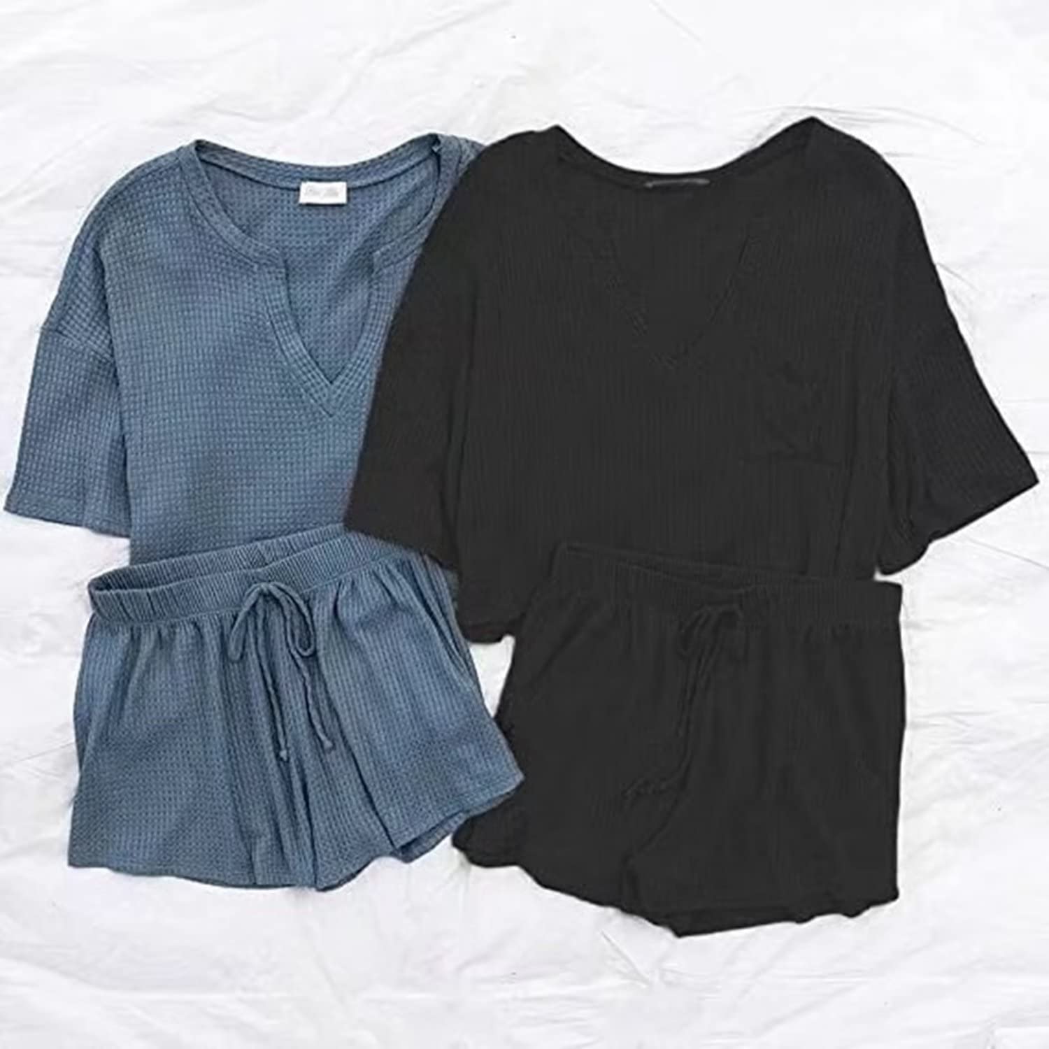 Ezbelle Women's V Neck Waffle Knit Pajama Set - Short Sleeve Crop Top & Shorts 2-Piece Lounge Outfit for Sleepwear, Home Comfort & Relaxation