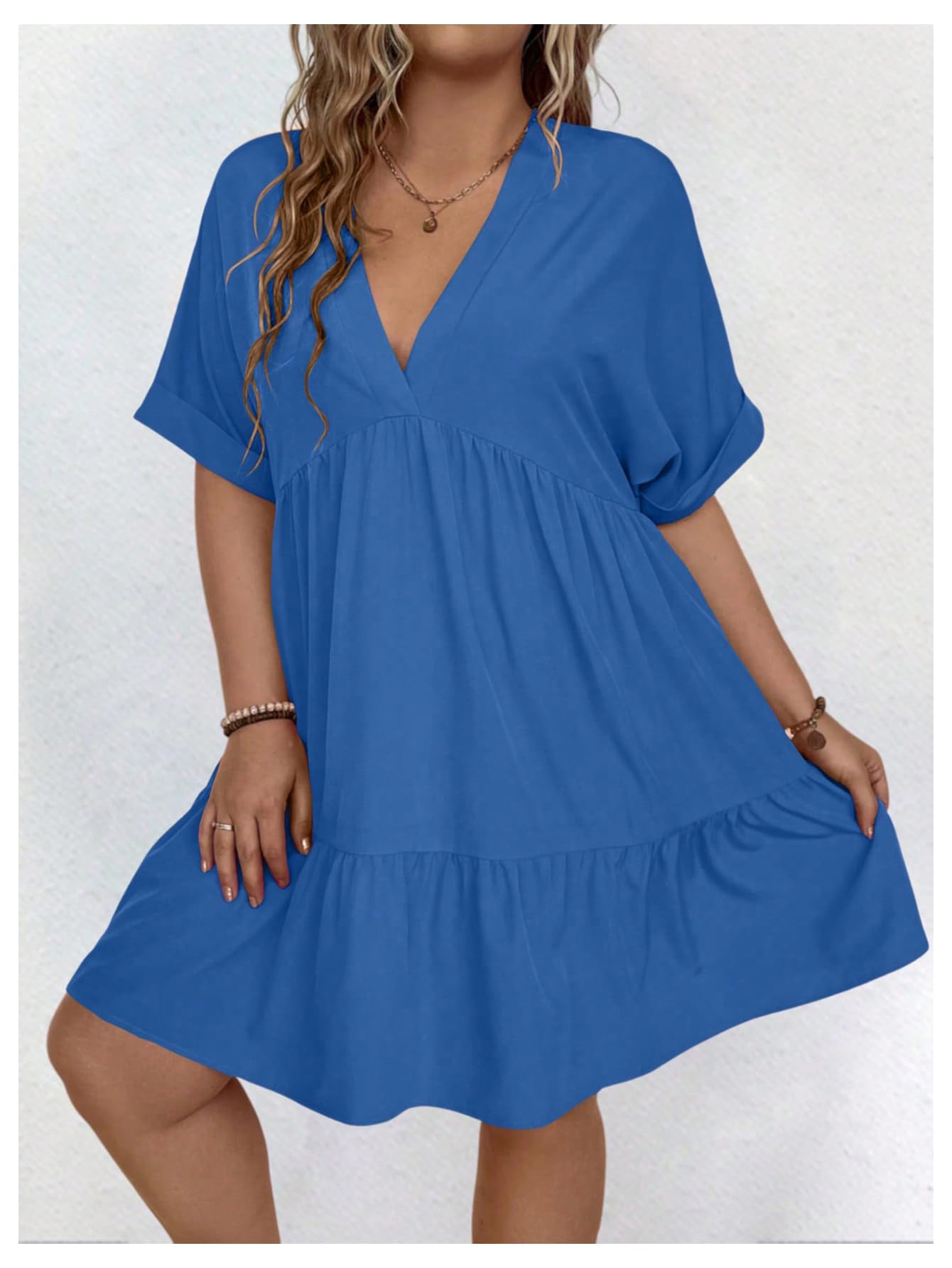 SOLY HUX Women's Plus Size V-Neck Flowy Summer Dress - Short Sleeve Loose Swing Smocked Casual Dress for Women, Perfect for Beach Vacation, Outdoor Picnic & Daily Wear