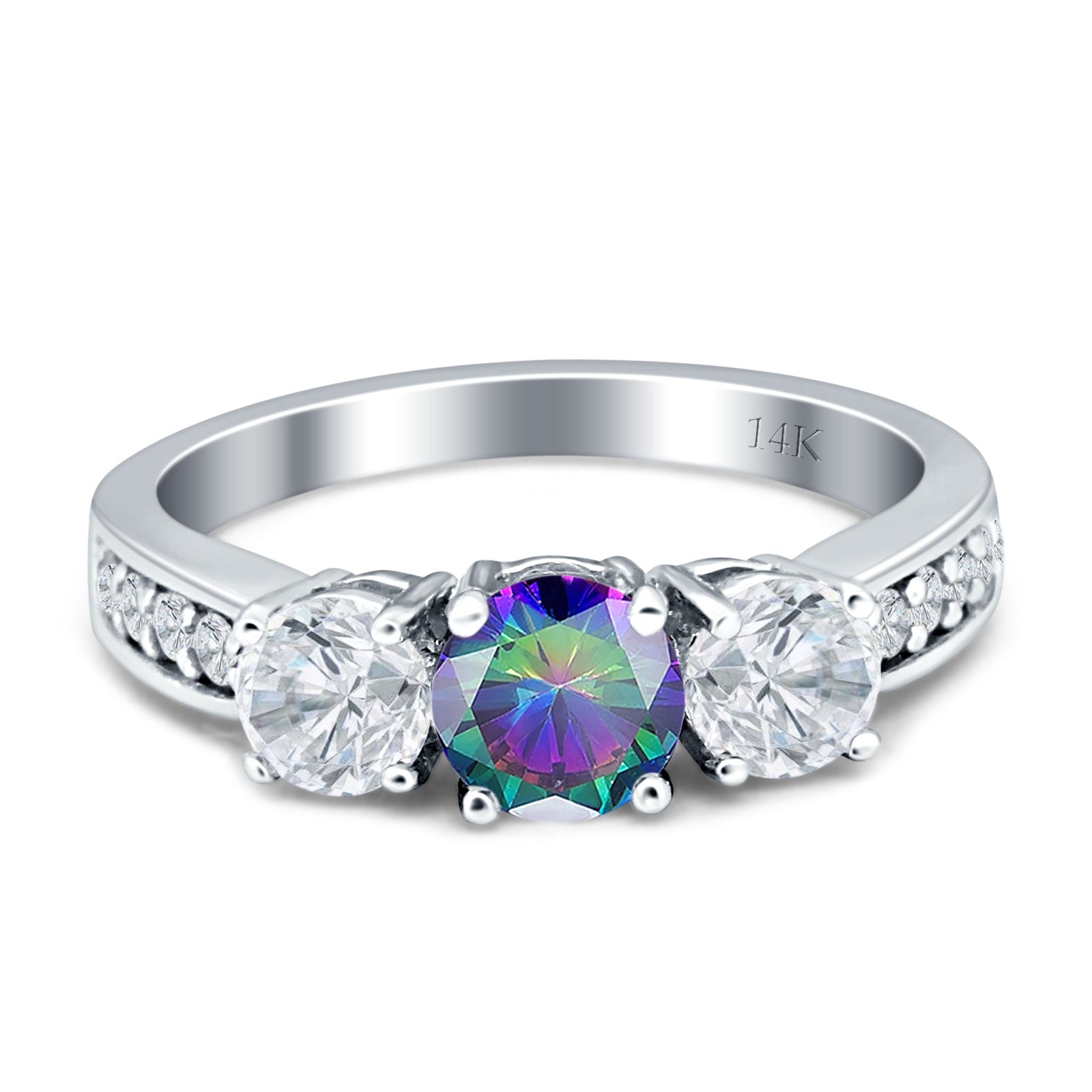 14K Yellow Gold Three Stone Round Rainbow CZ Ring for Women - Elegant Cubic Zirconia Engagement, Wedding, Anniversary Jewelry Gift - Perfect for Valentine's Day, Proposals & Special Occasions