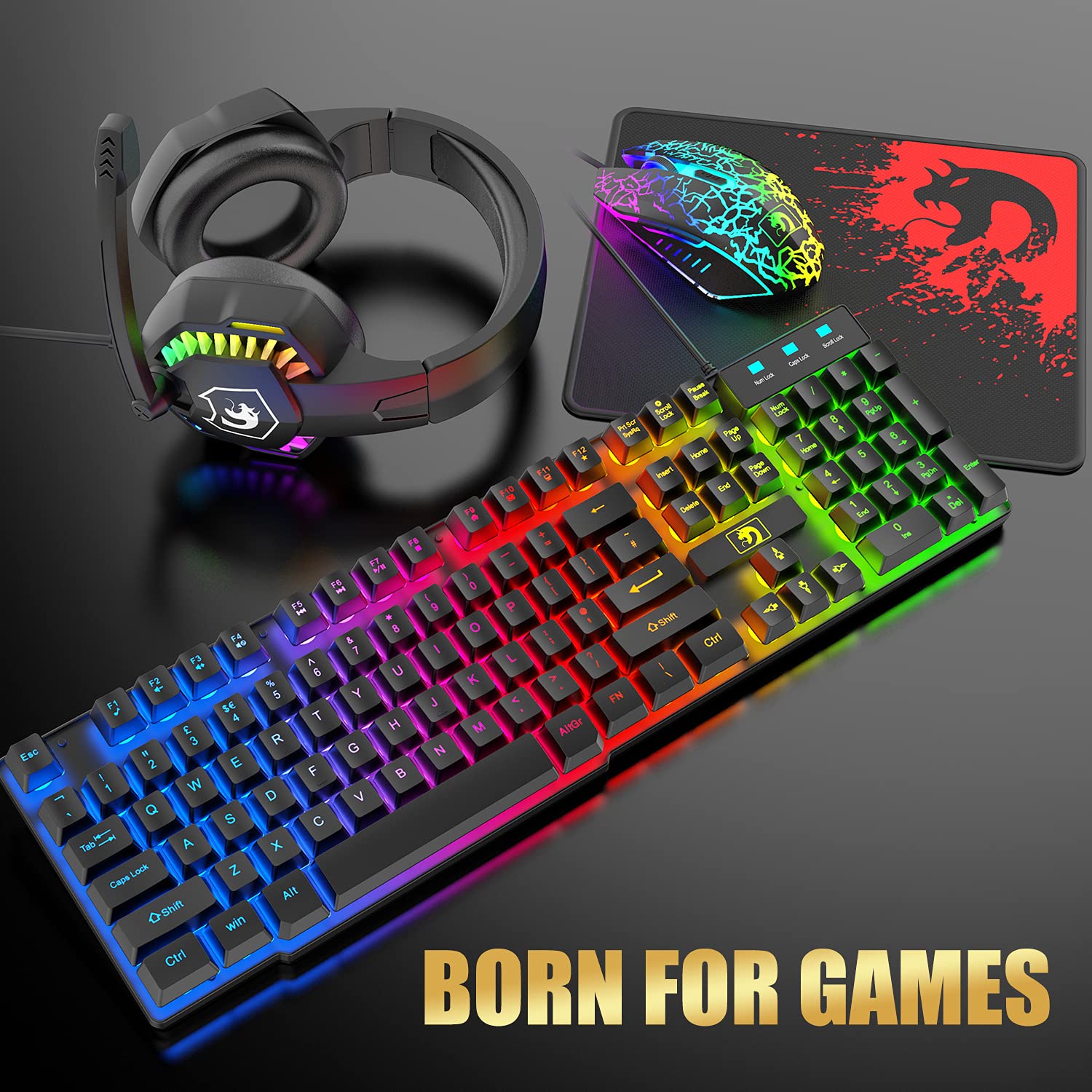 RGB Gaming Keyboard and Mouse Combo with Headset - Wired Mechanical Keyboard, Over-Ear Gaming Headphones with Mic, LED Backlit Mouse & Mouse Pad - Compatible with PC, Laptop, Mac, PS4, Xbox (Black) - Perfect for Esports, Streaming & Office Work
