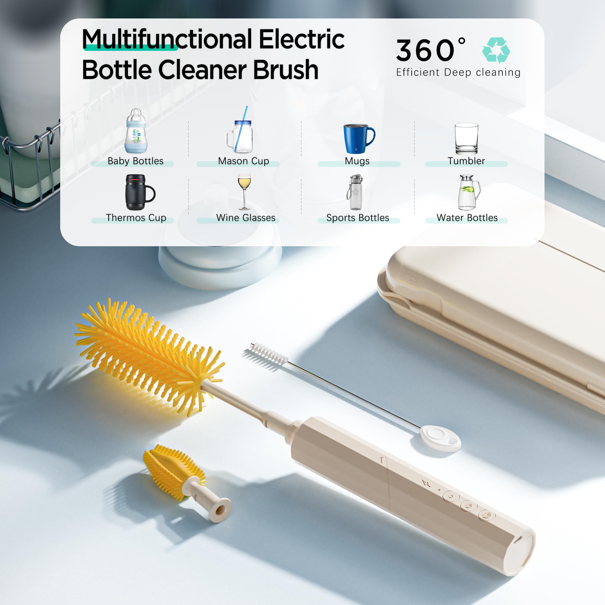 Electric Bottle Brush Cleaner - 6-in-1 Rechargeable Folding Brush Set with Silicone Brush, Nipple Brush, Straw Brush, Drying Rack & Storage Box | Baby Bottle Cleaning Kit for Travel, Home & Nursery Use