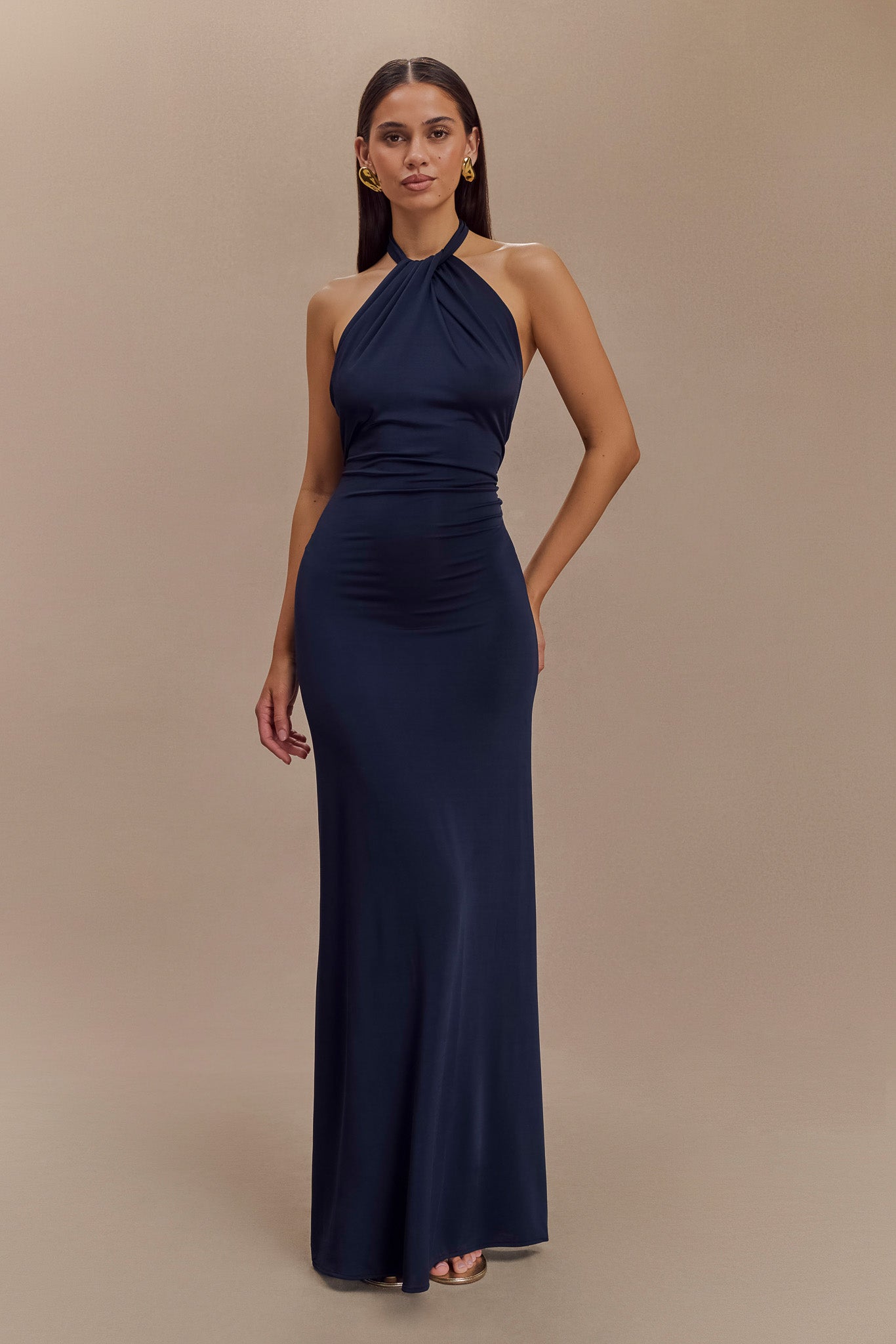 Elyna Slinky Halter Maxi Dress for Women - Navy Blue Flowy Long Dress for Summer Beach Party, Evening Out, Vacation & Special Occasions