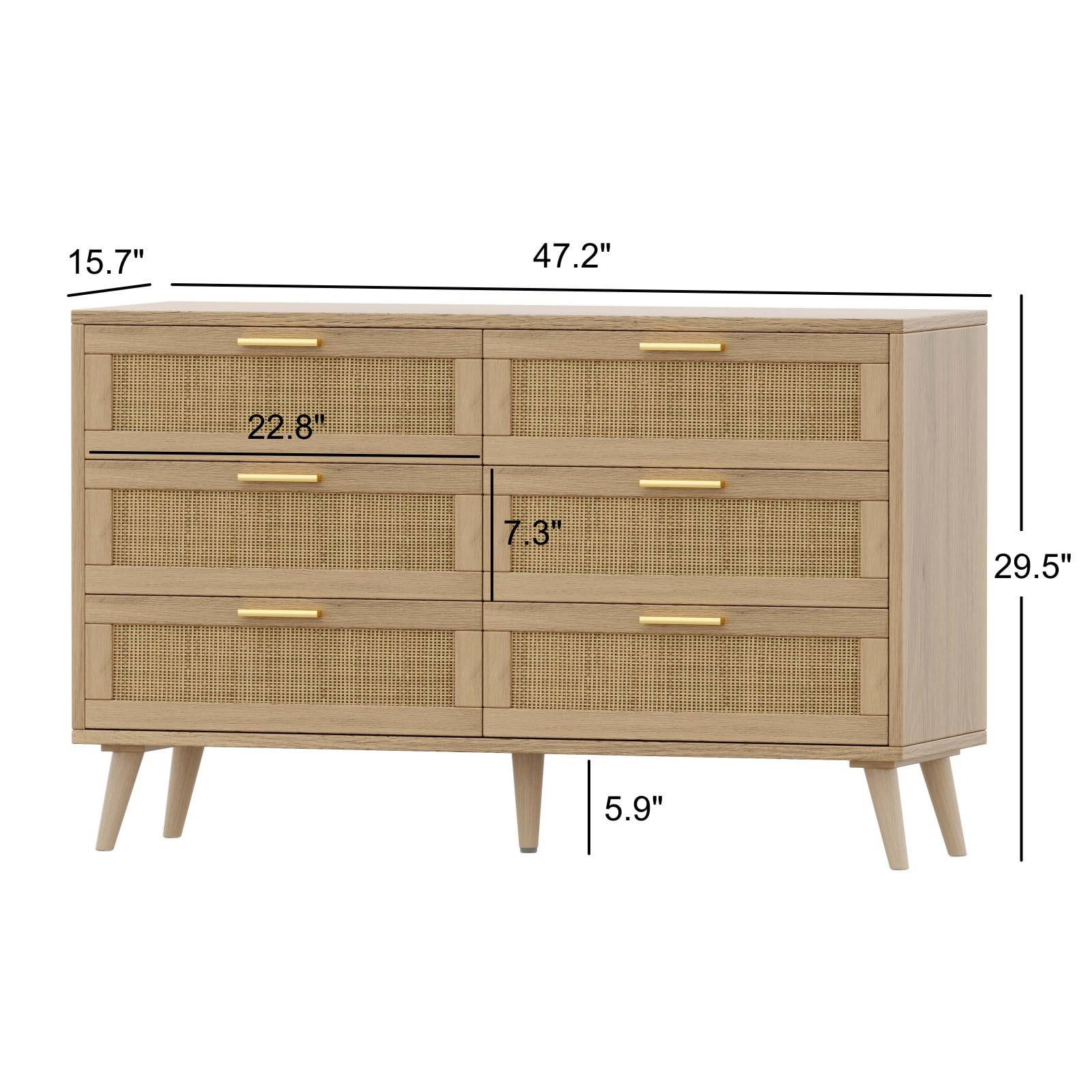 Rovaurx 6-Drawer Double Dresser for Bedroom - Modern Rattan Wooden Chest with Gold Handles, Storage Organizer for Closet, Living Room & Entryway - Natural Finish | Perfect for Bedroom Storage, Guest Room Furniture & Home Organization