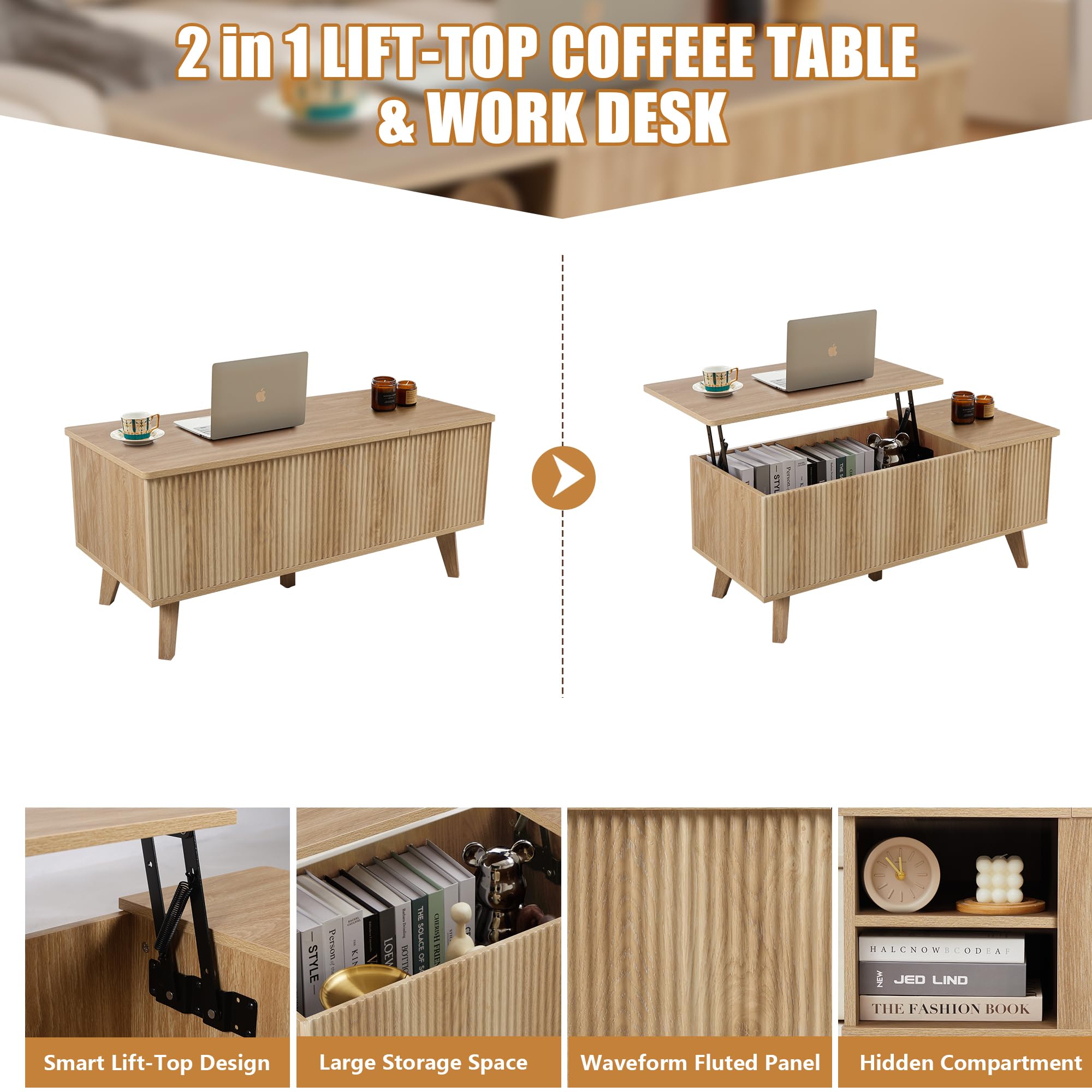 Modern Lift-Top Coffee Table with Hidden Storage - Wooden Fluted Design for Living Room & Office