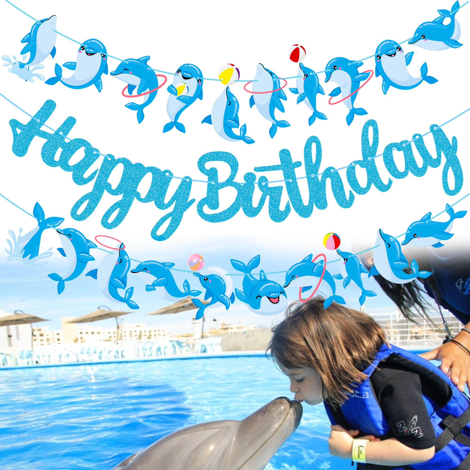 Blue Glitter Dolphin Happy Birthday Banner - Under the Sea Themed Party Decorations for Birthday & Baby Shower - Ocean Animal Theme Party Supplies (Perfect for Kids' Birthday Parties, Baby Showers & Nautical Events)