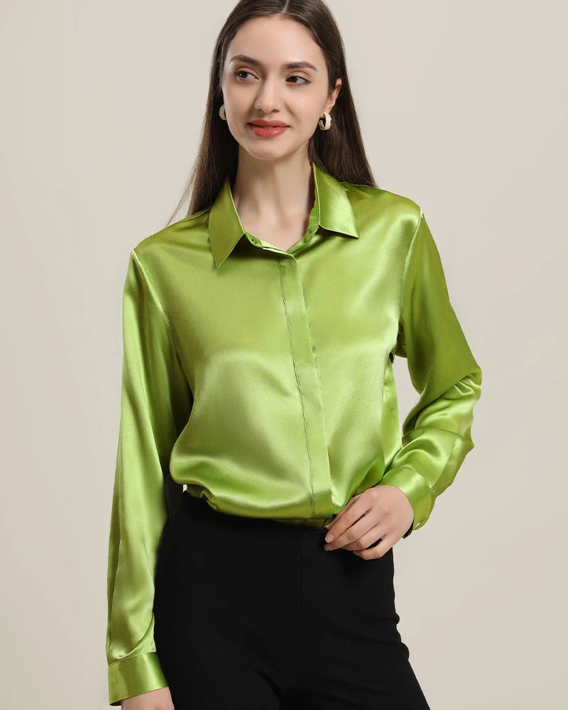 Women's Basic Concealed Silk Shirt - Soft & Breathable Blouse for Work, Office & Formal Occasions | Elegant Layering Piece for Professional Wardrobe