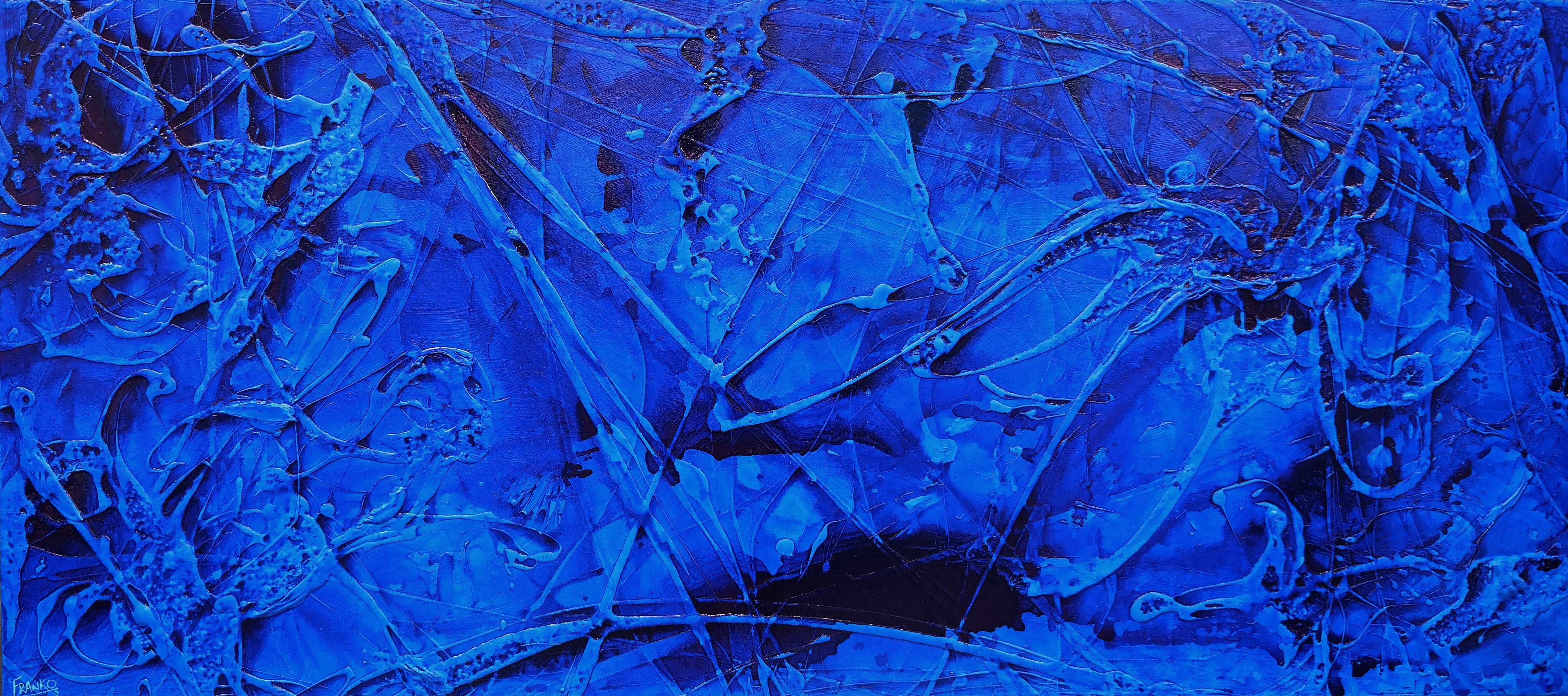 Blue Ink Textured Abstract Painting - 270cm x 120cm Large Canvas Wall Art for Modern Home & Office Decor | Inked Euphoria Collection