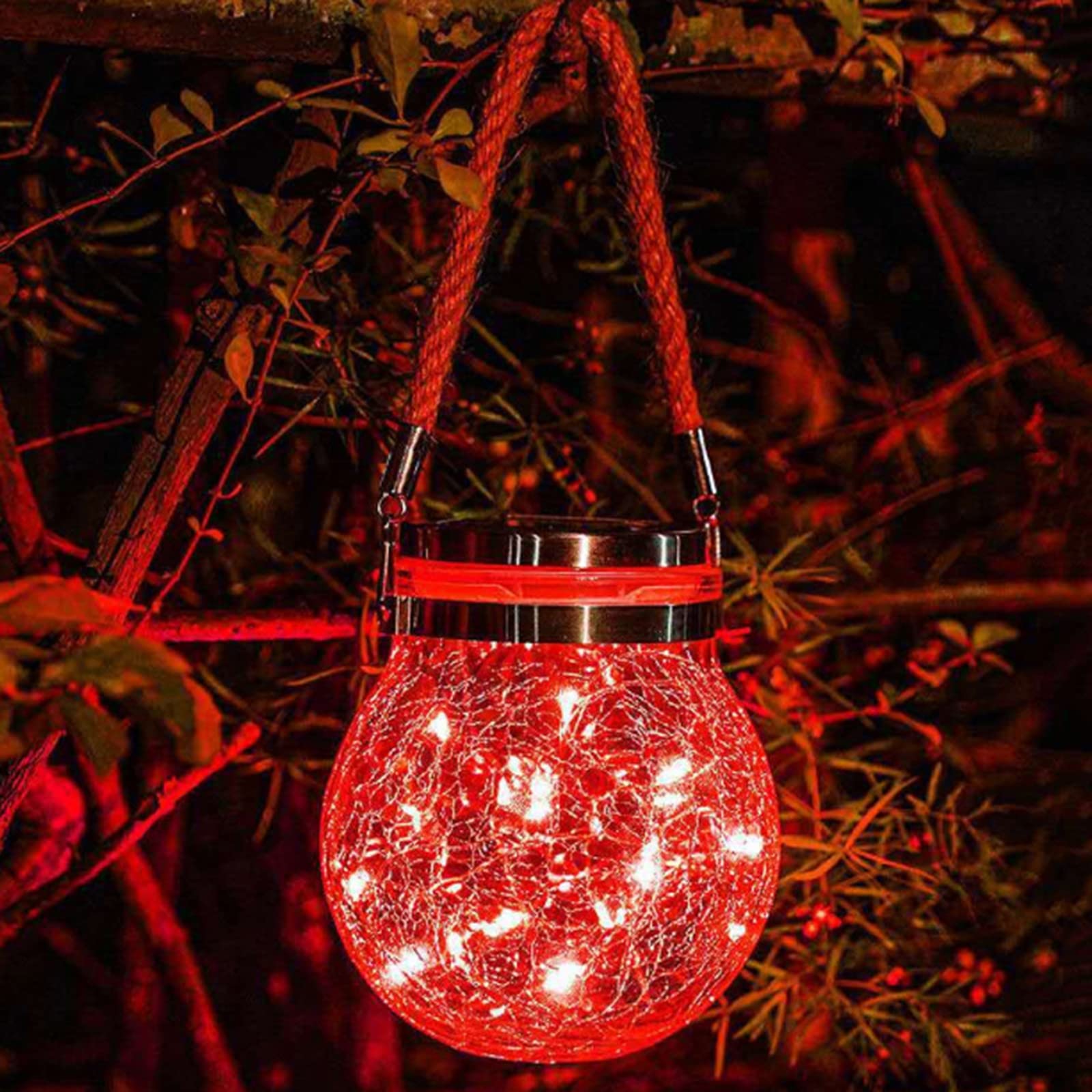 Outdoor Solar Hanging Lantern - LED Solar Powered Cracked Glass Ball Light with Waterproof Glass Jar - Fairy String Lights for Patio, Lawn, Yard, Party, Wedding & Christmas Decorations (Red Light) - Perfect for Garden, Backyard, Pathway and Outdoor Events Lighting