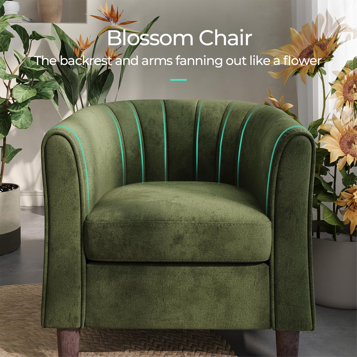 LINSY Modern Velvet Accent Chair with Ottoman - Barrel Armchair for Living Room, Bedroom & Reading Room - Comfy Round Arms & Footrest - Olive Green - Perfect for Relaxing, Reading & Lounging