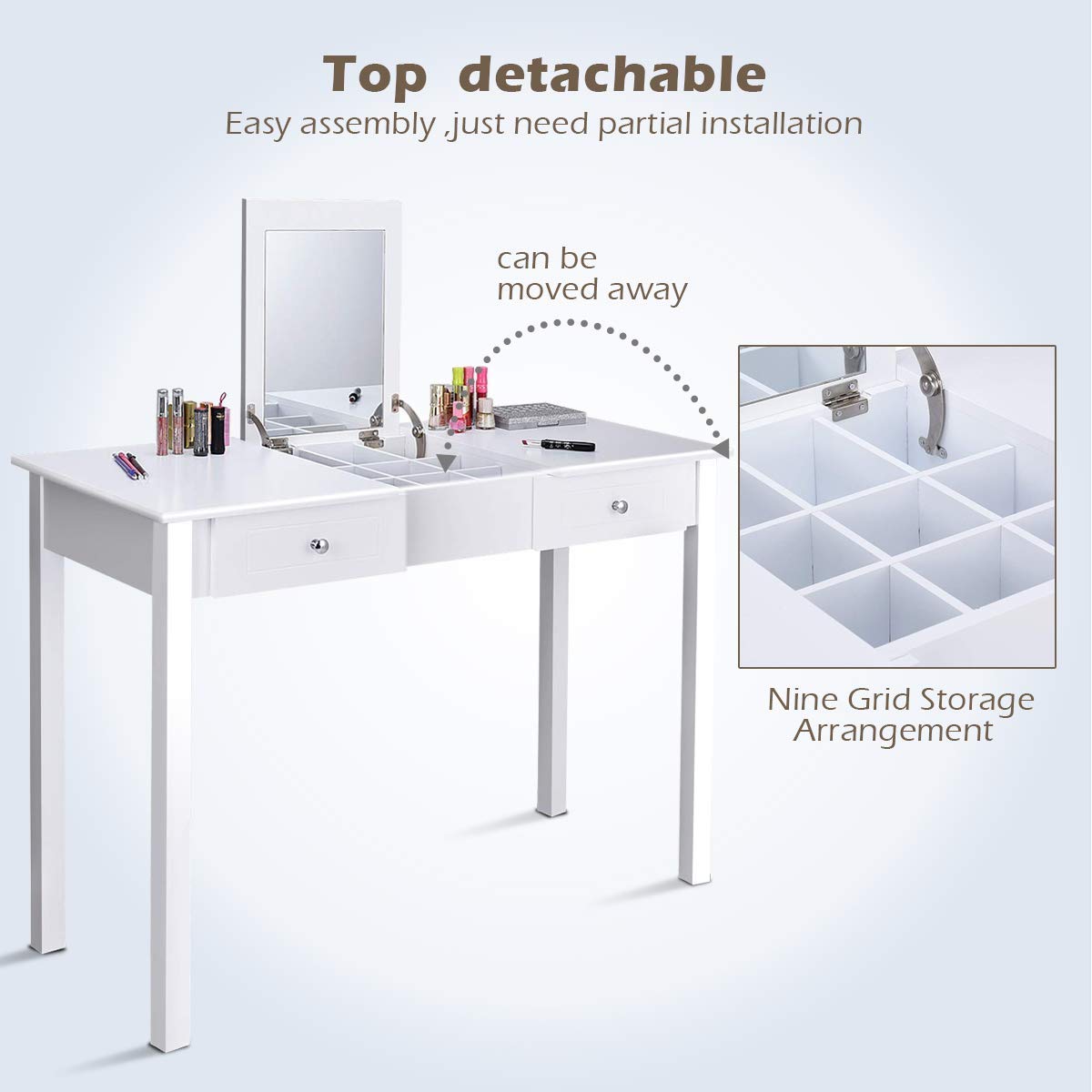 GOFLAME Vanity Table with Flip Top Mirror & 9 Organizers - Makeup Dressing Table with 2 Drawers for Cosmetics Storage - Sturdy White Writing Desk for Bedroom - Easy Assembly Beauty Station for Makeup Lovers & Home Office Use