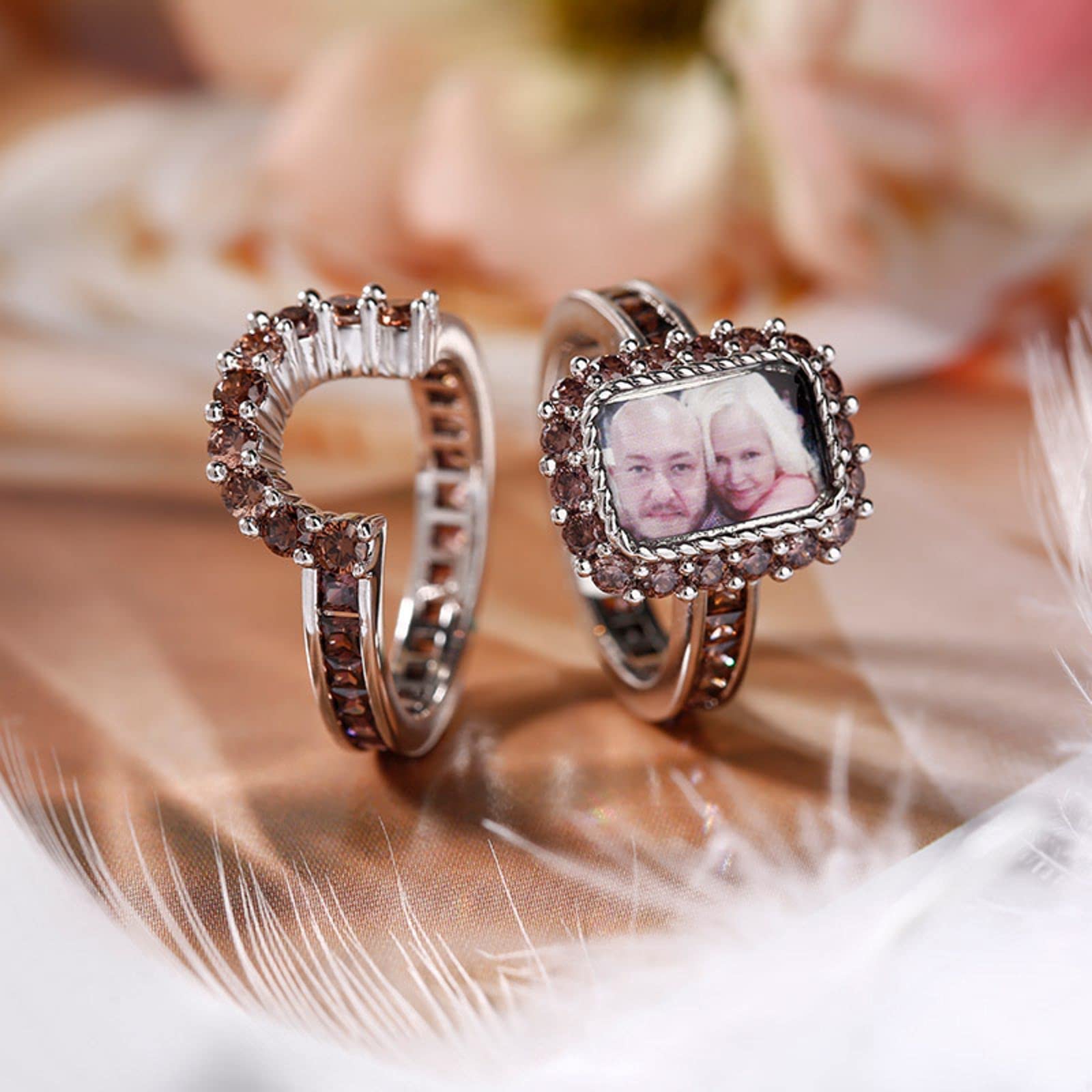 Jeulia Personalized Photo Ring Set - Custom Diamond Engraved Sterling Silver Band for Engagement, Anniversary & Wedding - Unique Couple Rings for Her & Him - Perfect Gift for Romantic Occasions