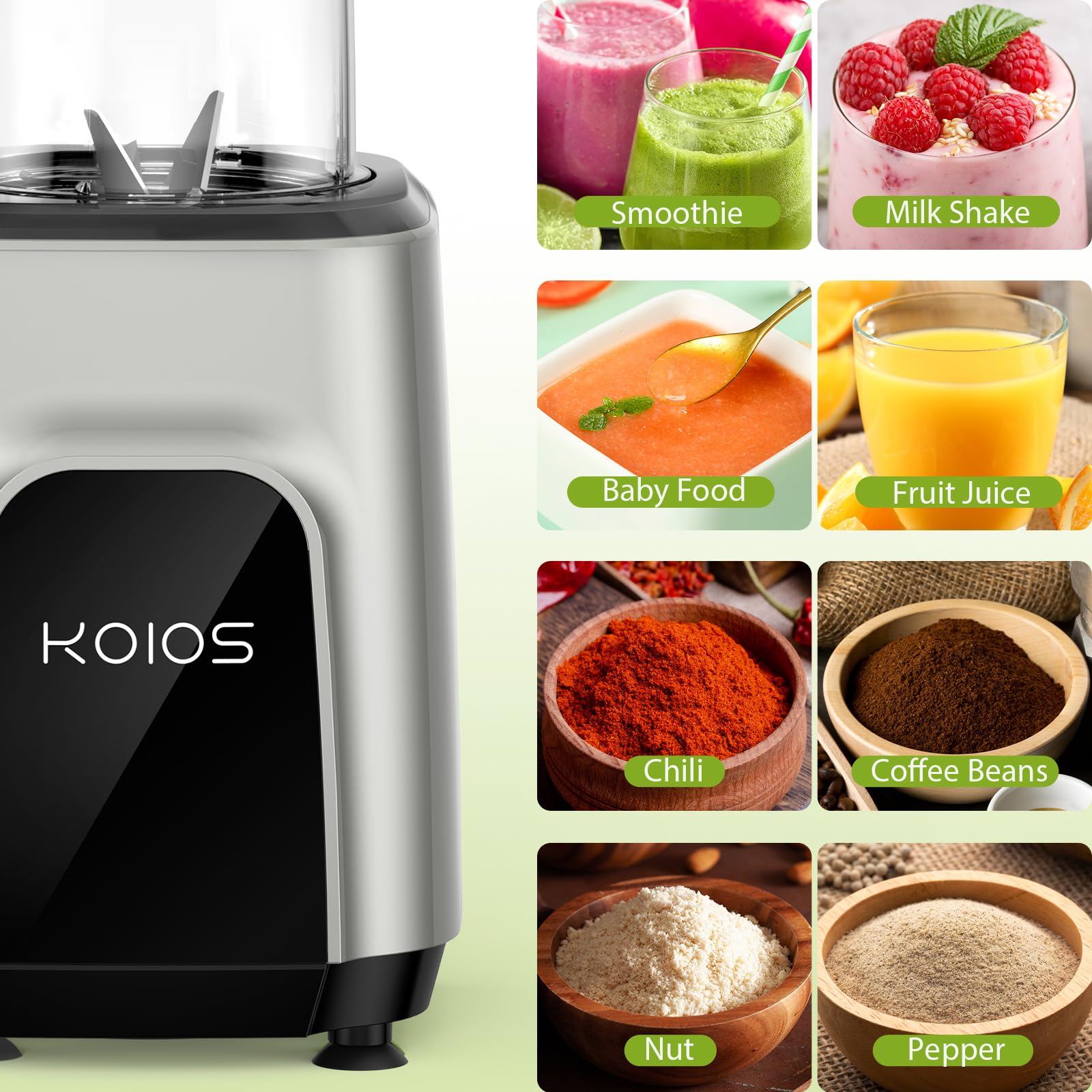KOIOS 900W High-Speed Countertop Blender for Smoothies, Protein Shakes & Baby Food - 11-Speed Blender with 2x18.6oz & 10oz BPA-Free Cups - Perfect for Nut Butter, Spice Grinding & Coffee Beans - Ideal for Kitchen, Gym & Healthy Lifestyle