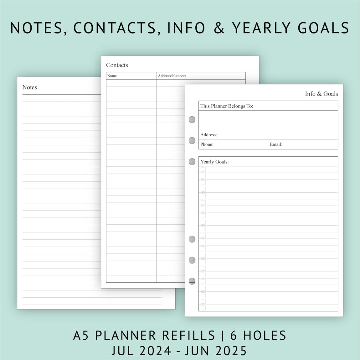 Newestor 2024-2025 Planner Refill - Weekly & Monthly Calendar from July 2024 to June 2025 - 6-Hole Punched for A5 Ring Binder - Perfect for Office, School, and Personal Organization