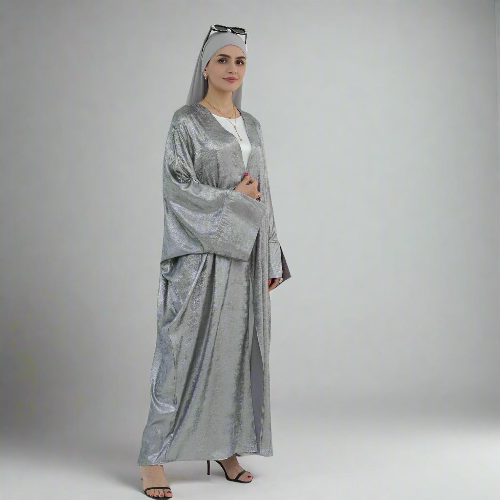 Celine Shimmer Kimono Open Abaya - Elegant Silver Muslim Abaya Dress for Women | Perfect for Prayer, Special Occasions & Evening Wear