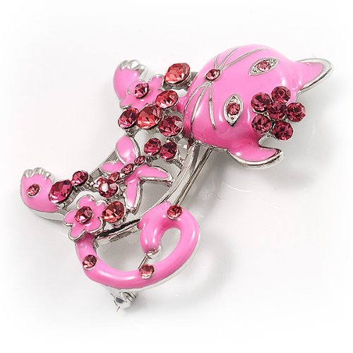 Elegant Pink Crystal Enamel Cat Brooch Pin - Vintage Style Jewelry for Women - Perfect for Blazers, Scarves & Handbags