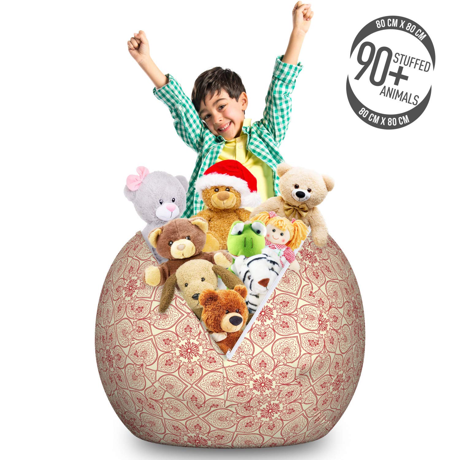 Ambesonne Large Toy Storage Bag Chair - Bohemian Floral Design Stuffed Animal Organizer, Washable Red & Cream Fabric - Perfect for Kids' Room, Playroom & Nursery Organization