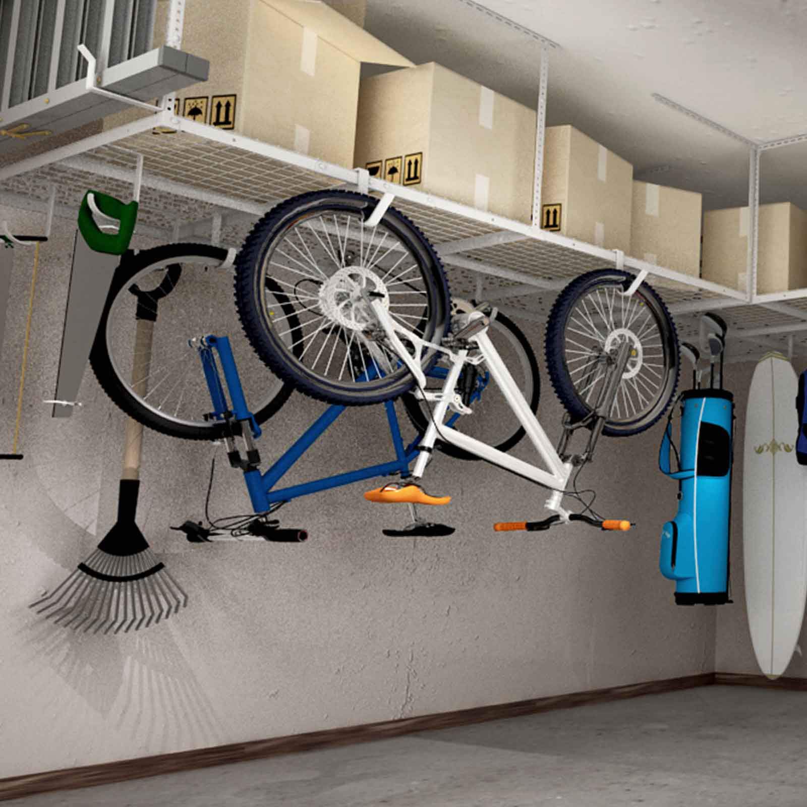 FLEXIMOUNTS 4x8 Overhead Garage Storage Rack - Heavy Duty Adjustable Ceiling Storage System with 600lbs Capacity, White | Perfect for Garage Organization, Seasonal Decor & Sports Equipment Storage