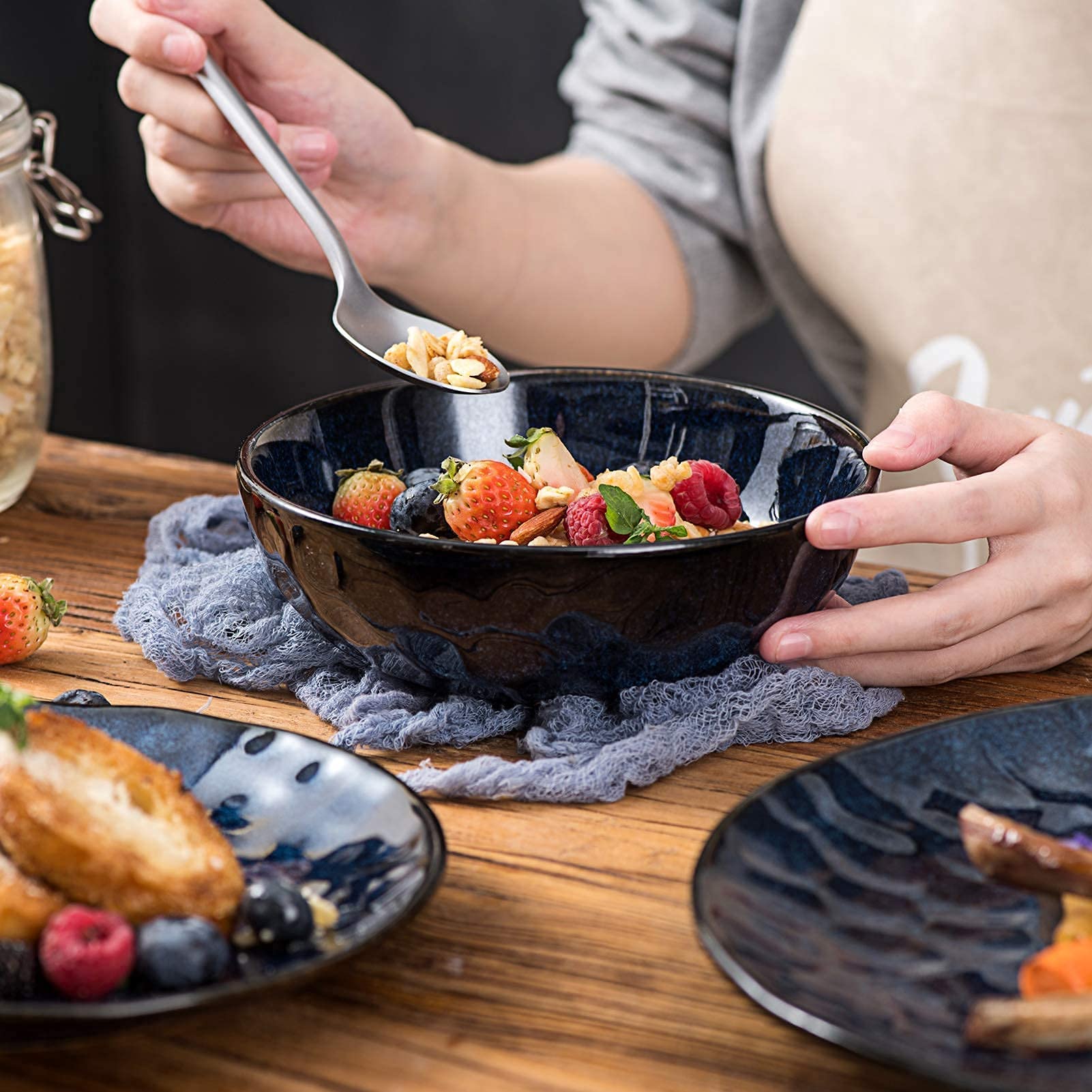 Vicrays 18-Piece Ceramic Dinnerware Set - Fluted Dinner Plates, Salad Plates & Bowls - Microwave, Oven & Dishwasher Safe - Scratch Resistant - Perfect for Home, Party & Restaurant Use (Blue) - Elegant Table Setting for Everyday Meals & Special Occasions