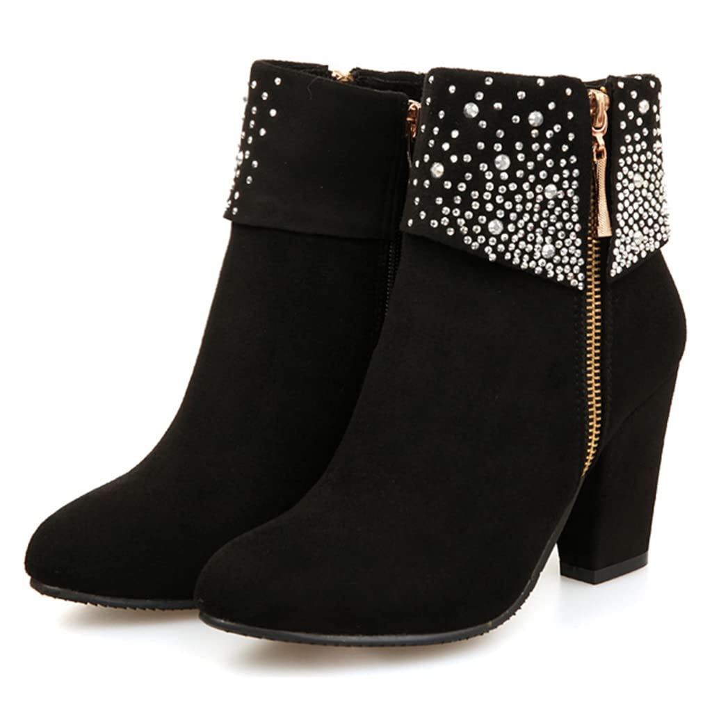 MIOKE Women's Chunky Block Heel Ankle Boots - Rhinestone Round Toe Suede Booties with Side Zipper | Dressy Fall & Winter Fashion for Party, Office & Night Out