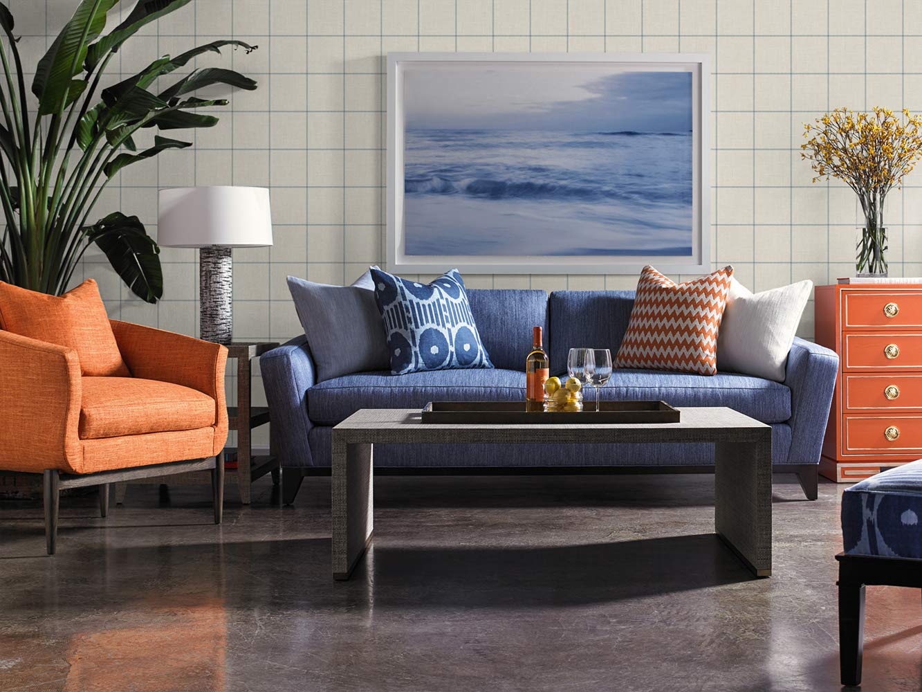 Premium Matte Linen Check Wallpaper - Alabaster & Air Force Blue - 32.81' x 20.5