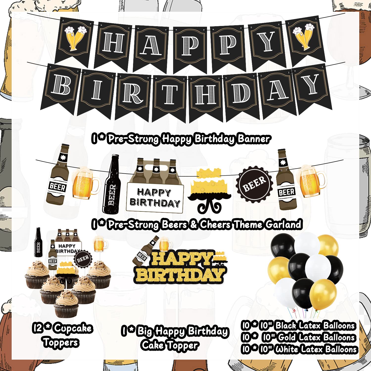 Cheers & Beers Happy Birthday Party Decorations Set - Aged to Perfection Banner, Balloons & Supplies for Men's 30th 40th 50th Birthday - Perfect for Beer Themed Parties, Bachelor Celebrations & Man Cave Decor