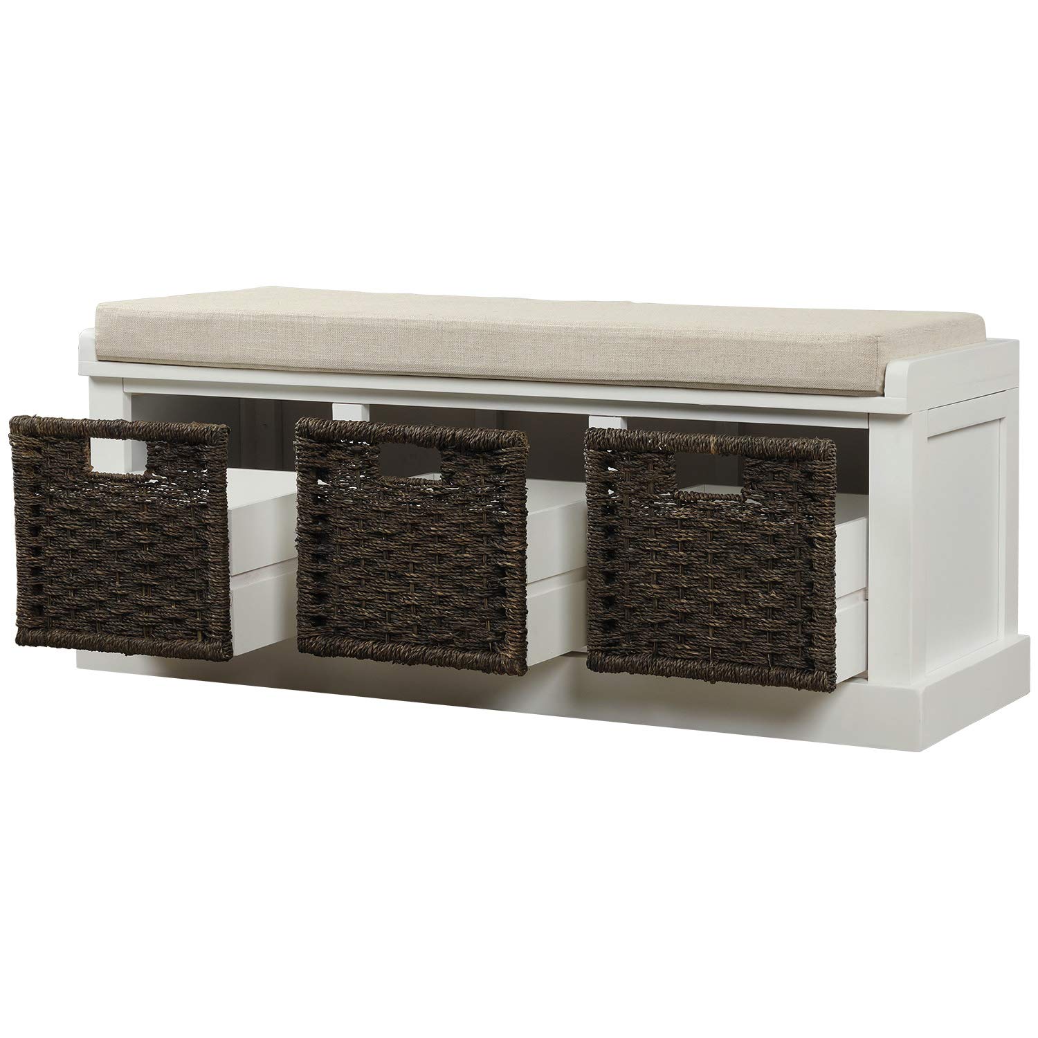 Rustic Entryway Storage Bench with Removable Cushion & 3 Rattan Baskets - Antique White Wooden Hallway Bench for Bedroom, Living Room & Entrance Organization | Perfect for Small Space Decor & Shoe Storage