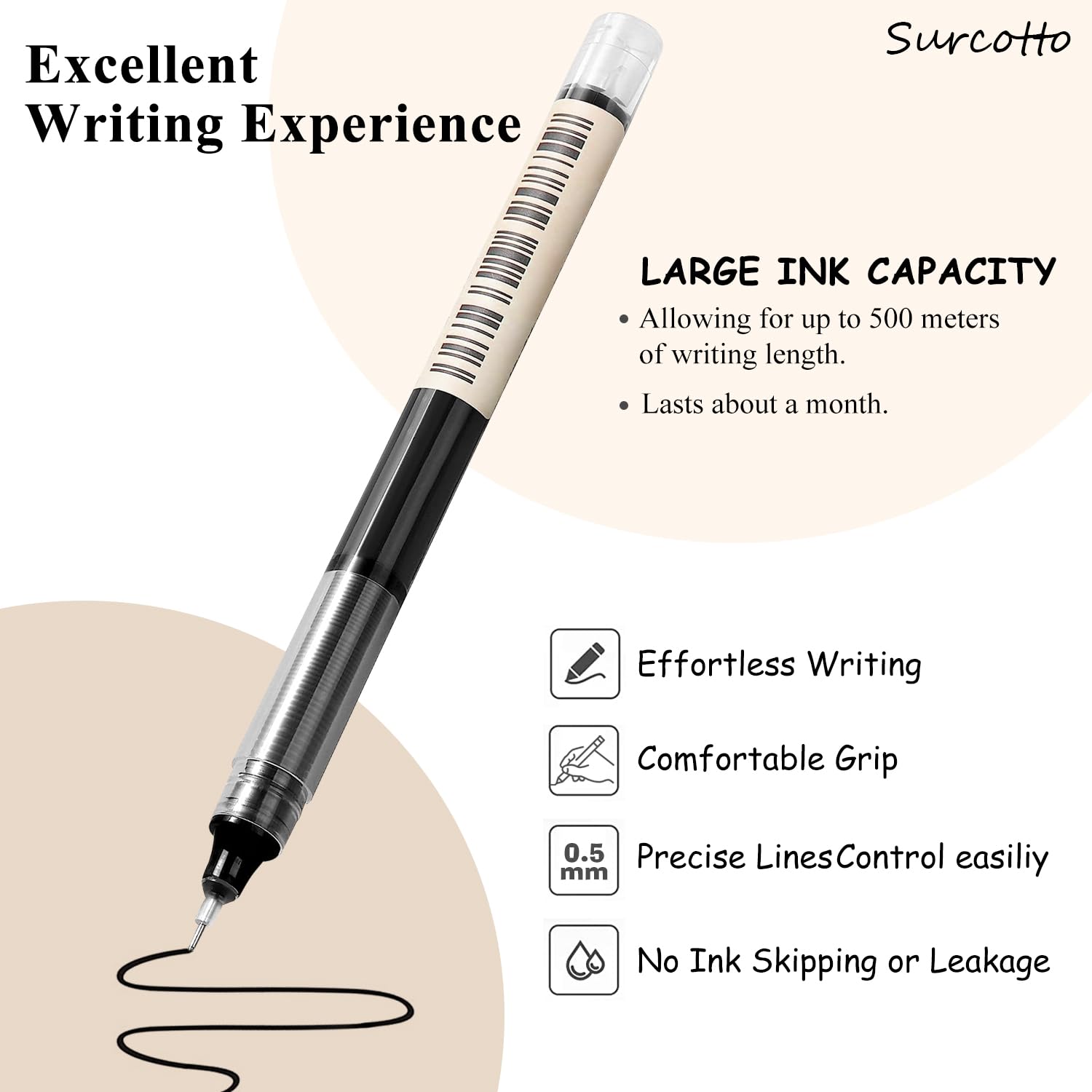 Surcotto 12-Pack 0.5mm Black Gel Pens - Ultra Fast Drying Smooth Writing Pens for School, Office & Art - Perfect for Note Taking, Journaling, Sketching & Document Signing