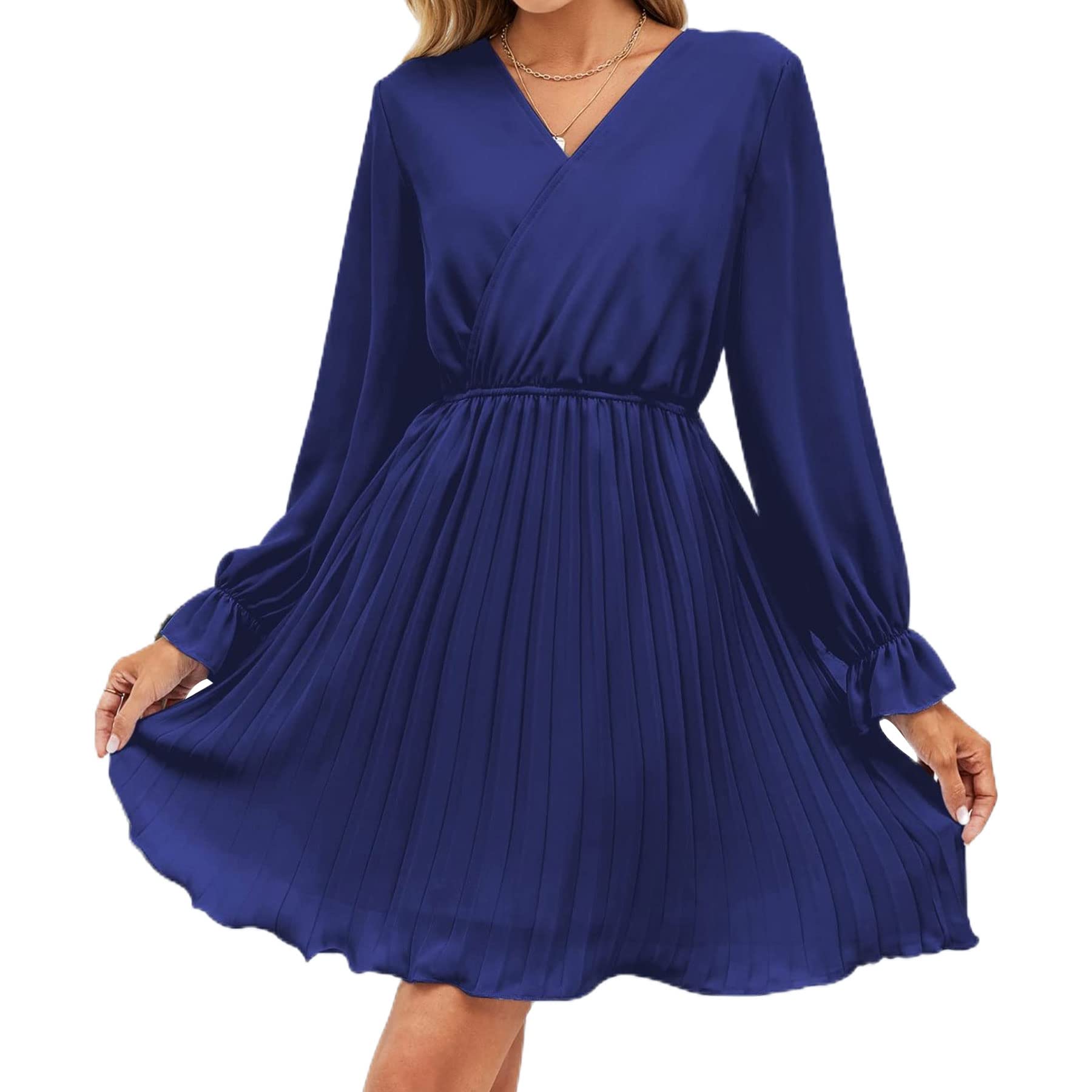 WERLIKE Women's Wrap Dress - V Neck Pleated Long Sleeve Mini Dress for Wedding Guest & Casual Occasions | Perfect for Cocktail Parties, Date Nights & Office Wear