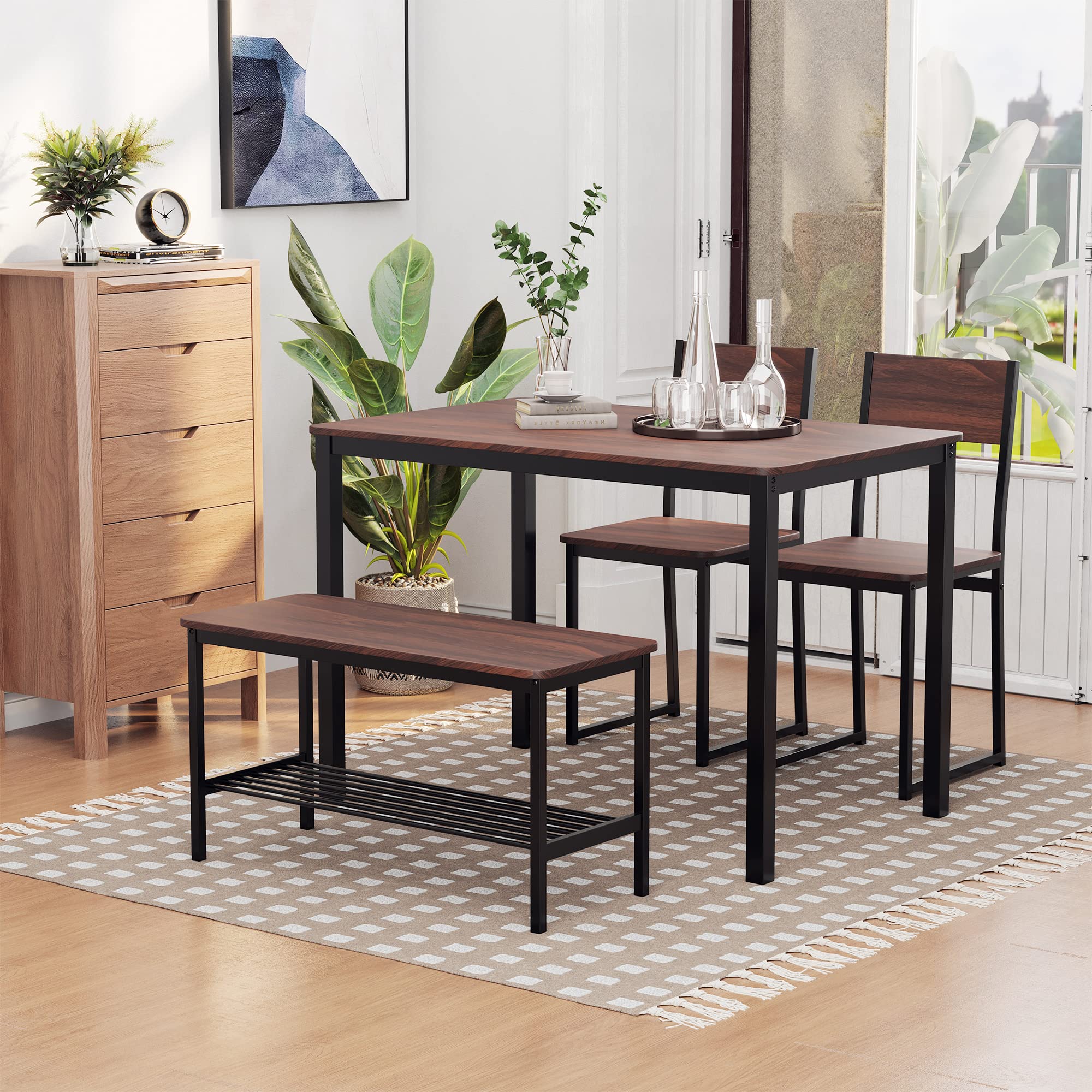 HOMCOM 4-Piece Industrial Dining Set with Bench, Wooden Kitchen Table & Chairs, Storage Rack, Black/Brown – Perfect for Kitchen, Dinette, and Small Spaces